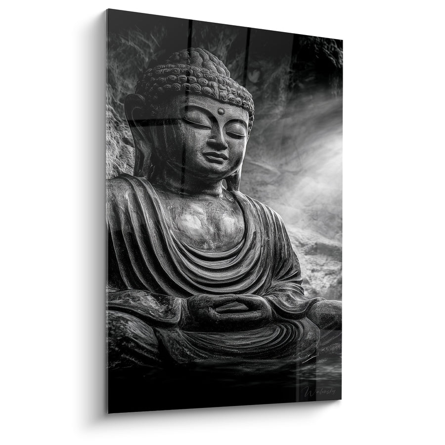 Tableau Statue noire et grise assise près de l'eau - Rayon de lumière brumeux - Edition Bouddha