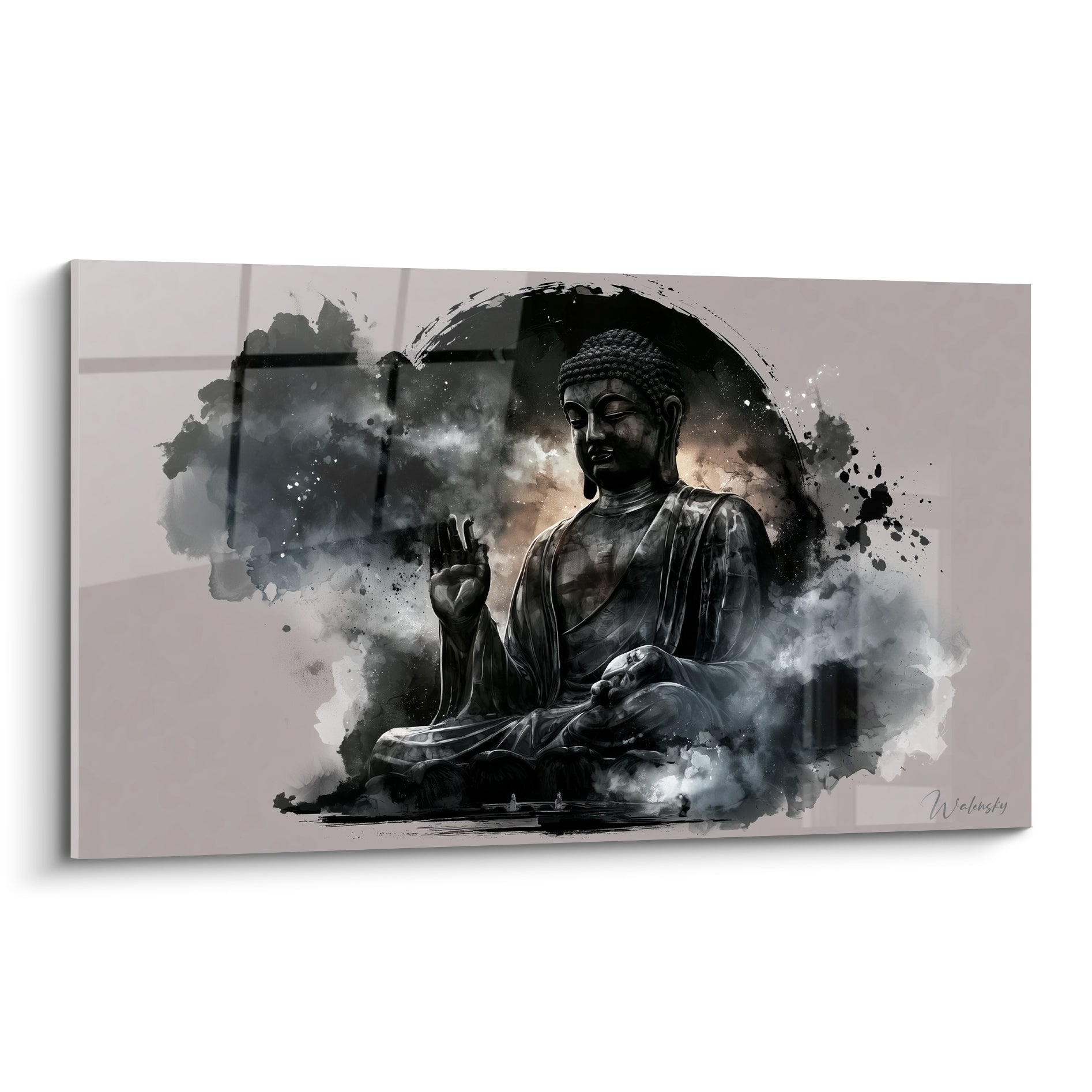 Bouddha assis en méditation, statue noire et taupe entourée de volutes d'encre grise