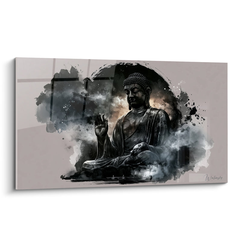 Tableau Statue assise noire et grise aux éclaboussures d'encre - Main en mudra - Edition Bouddha
