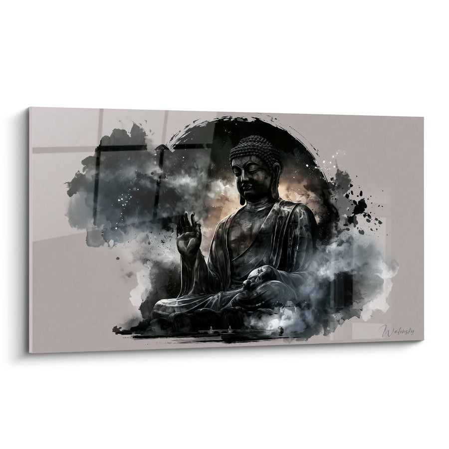 Tableau Statue assise noire et grise aux éclaboussures d'encre - Main en mudra - Edition Bouddha