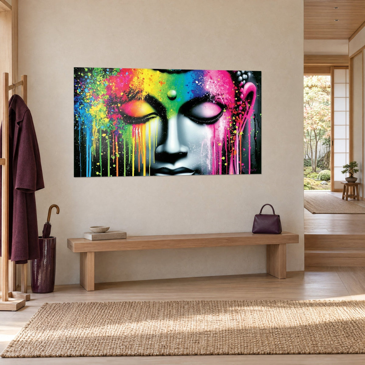Cuadro máscara serena de párpados cerrados, salpicaduras rosas, azules y verdes sobre fondo negro, pared beige y banco de madera
