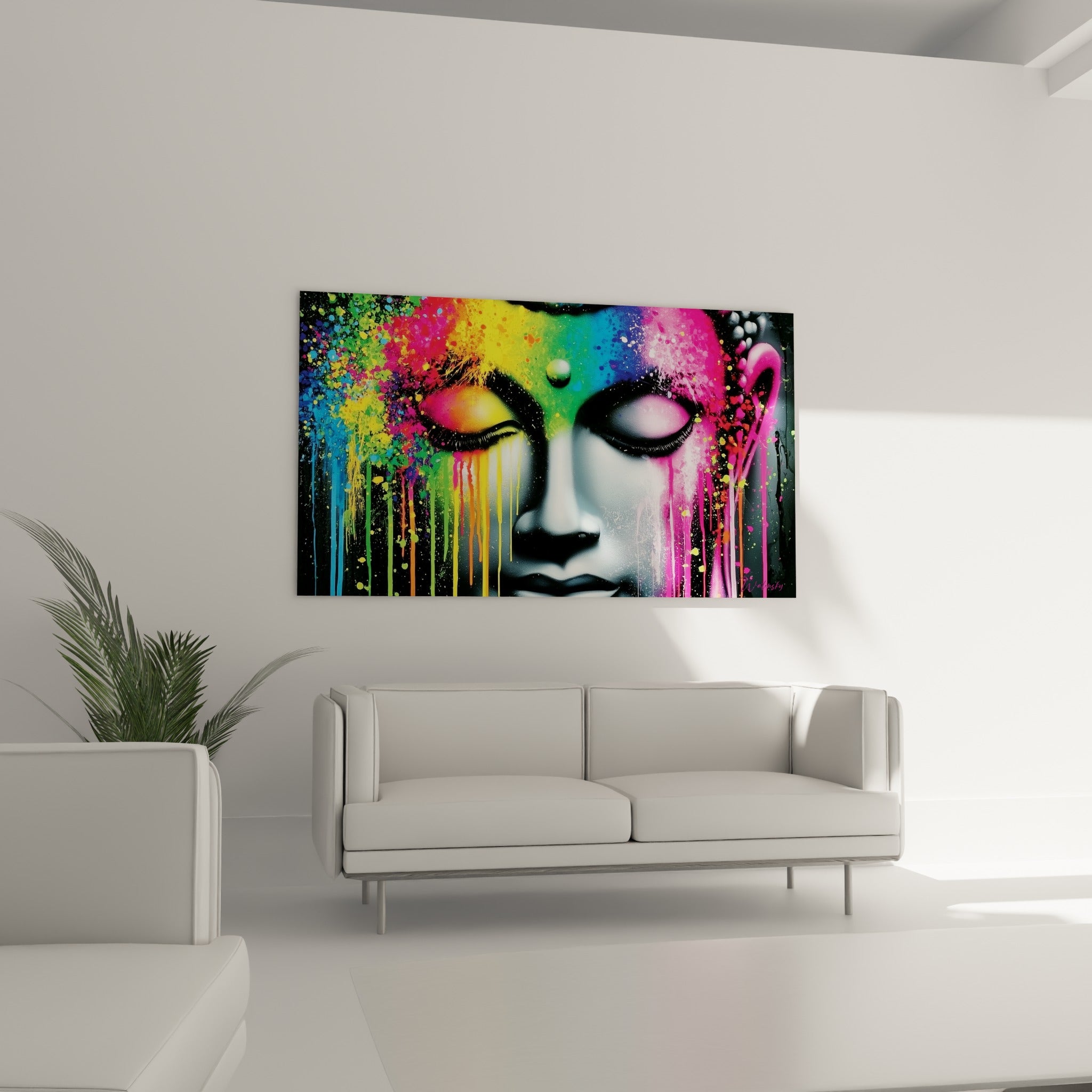 Bouddha aux teintes fuchsia et vertes suspendu au-dessus d'un canapé dans un salon lumineux