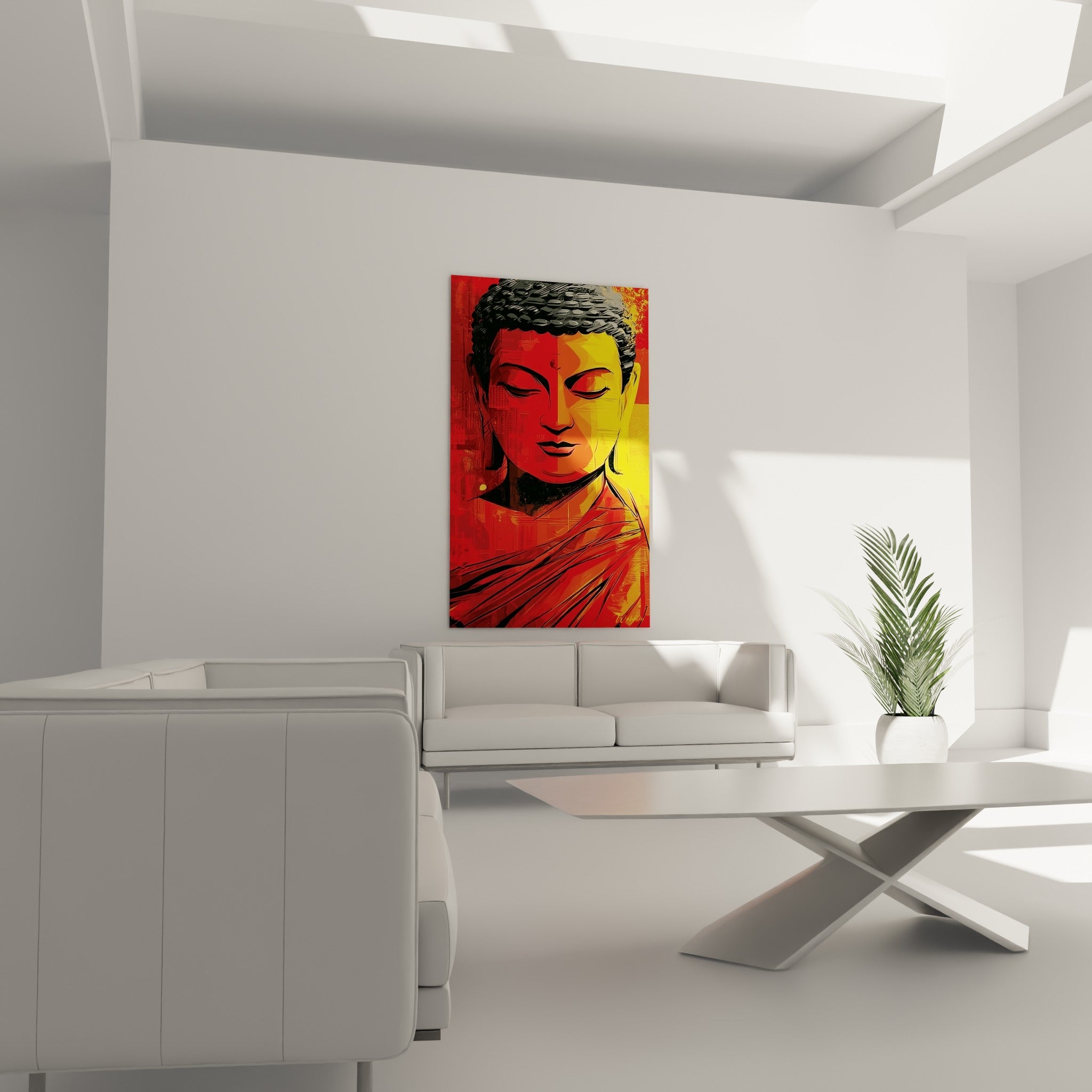 Visage de Bouddha aux teintes rouge et or, expression sereine, au-dessus d'un canapé dans un salon lumineux