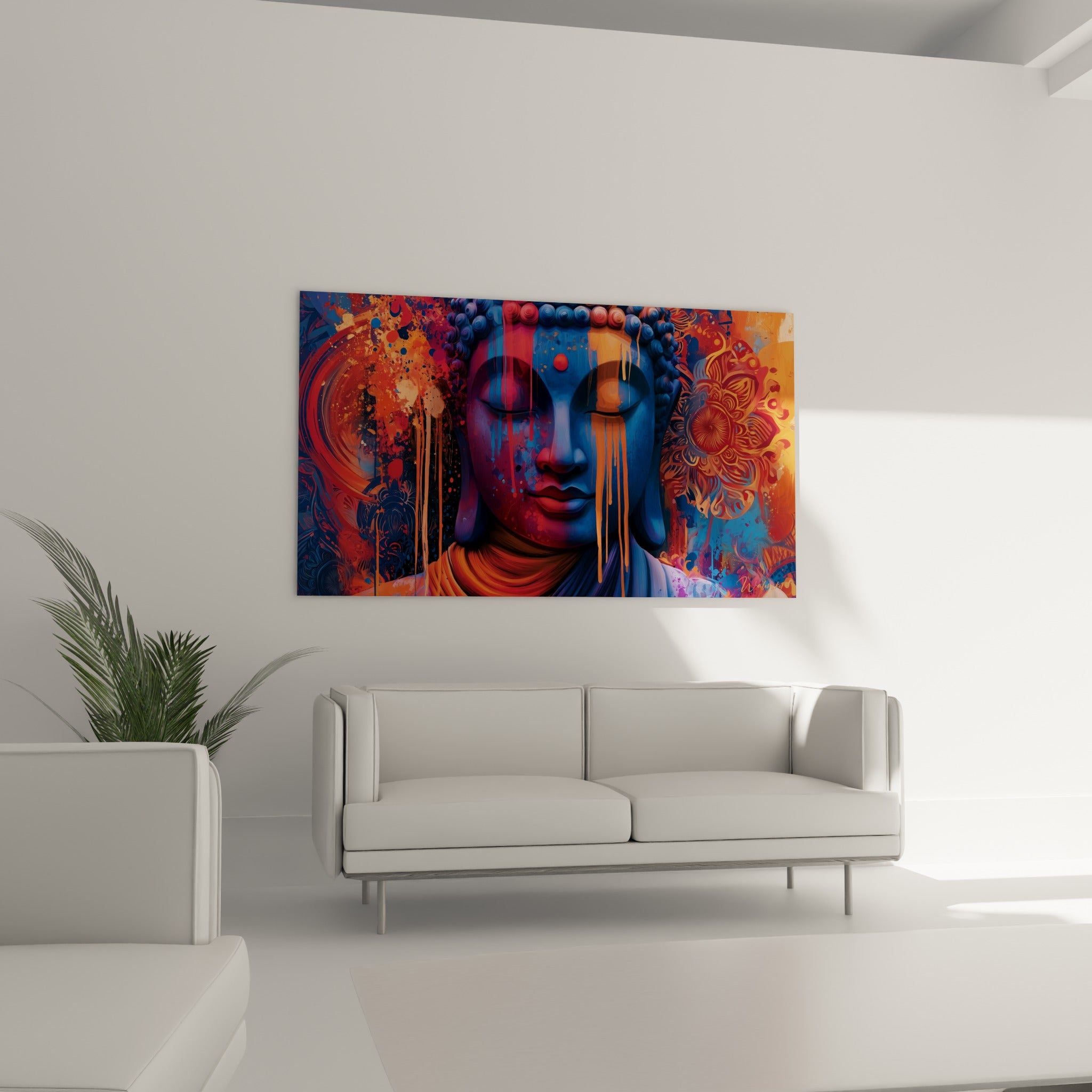 Visage de Bouddha bleu profond et orange vif, mandala doré en arrière-plan, au-dessus d'un canapé dans un salon lumineux
