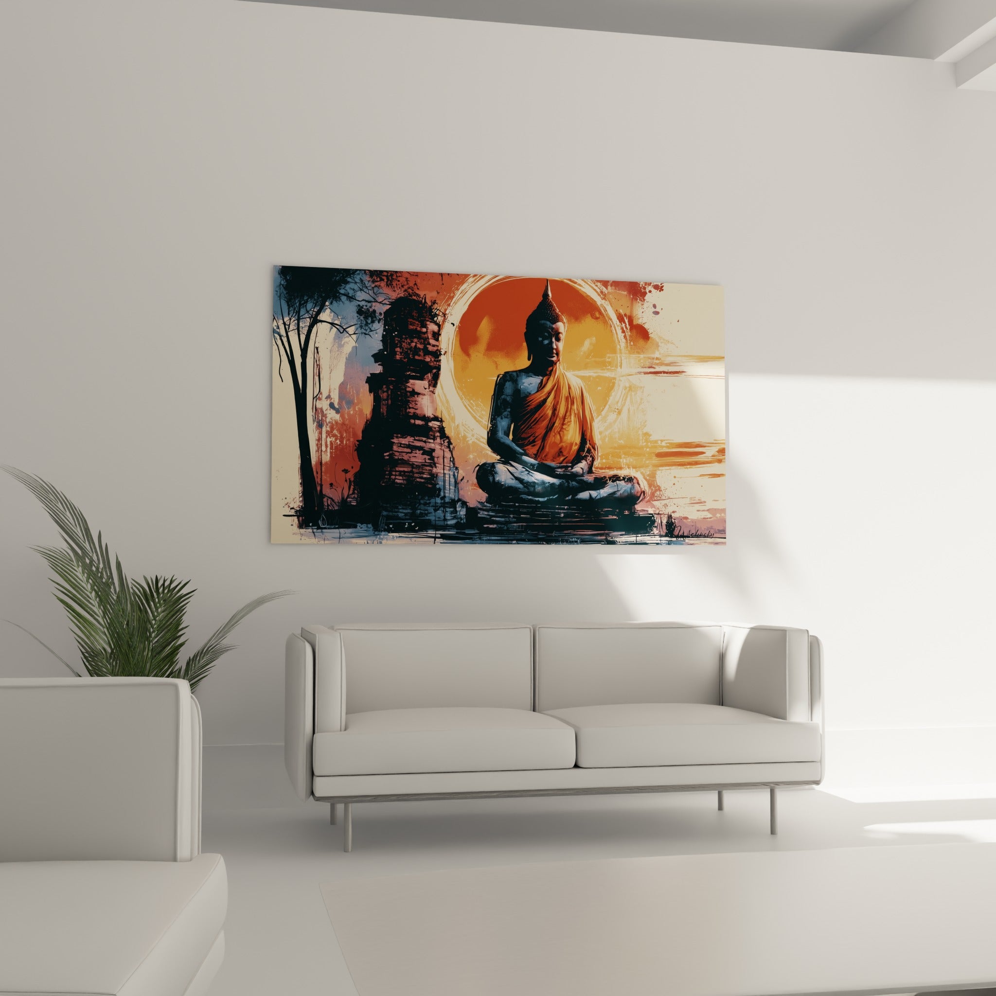 Statue orangée du Bouddha entourée de ruines grises au-dessus d'un canapé dans un salon lumineux