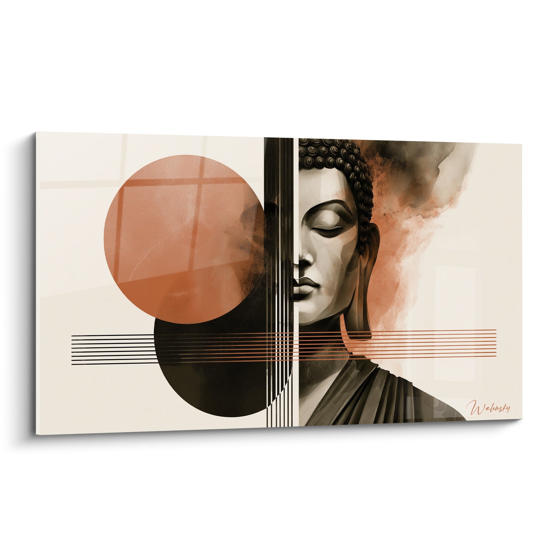 Bouddha aux paupières closes, cercle terracotta et bandes anthracite sur fond ivoire graphique