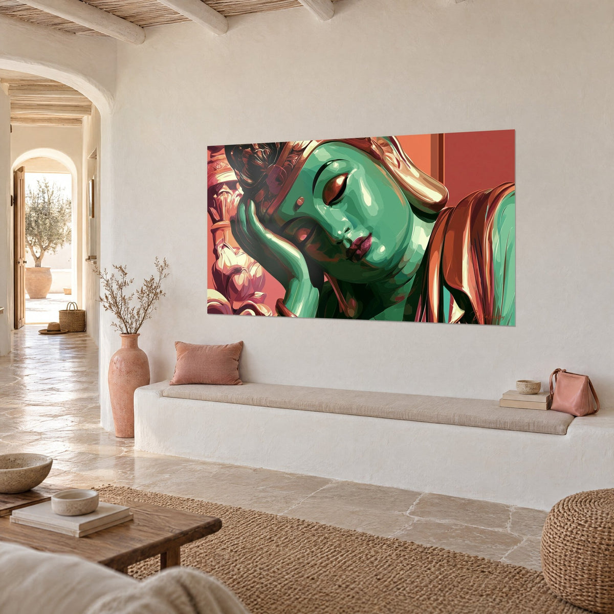 Tableau visage serein vert jade sur mur crème, drapé cuivré et fond saumon, vu de trois-quarts au-dessus d'une banquette blanche