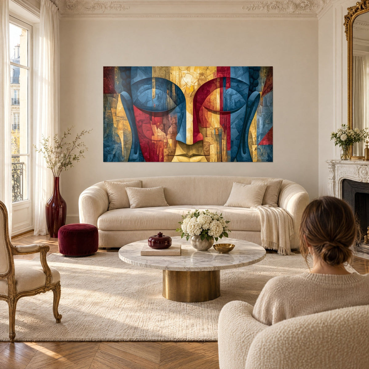 Cuadro rostro de Buda cubista con bandas azules y rojas, párpados cerrados sobre fondo dorado, encima de un sofá en un salón luminoso
