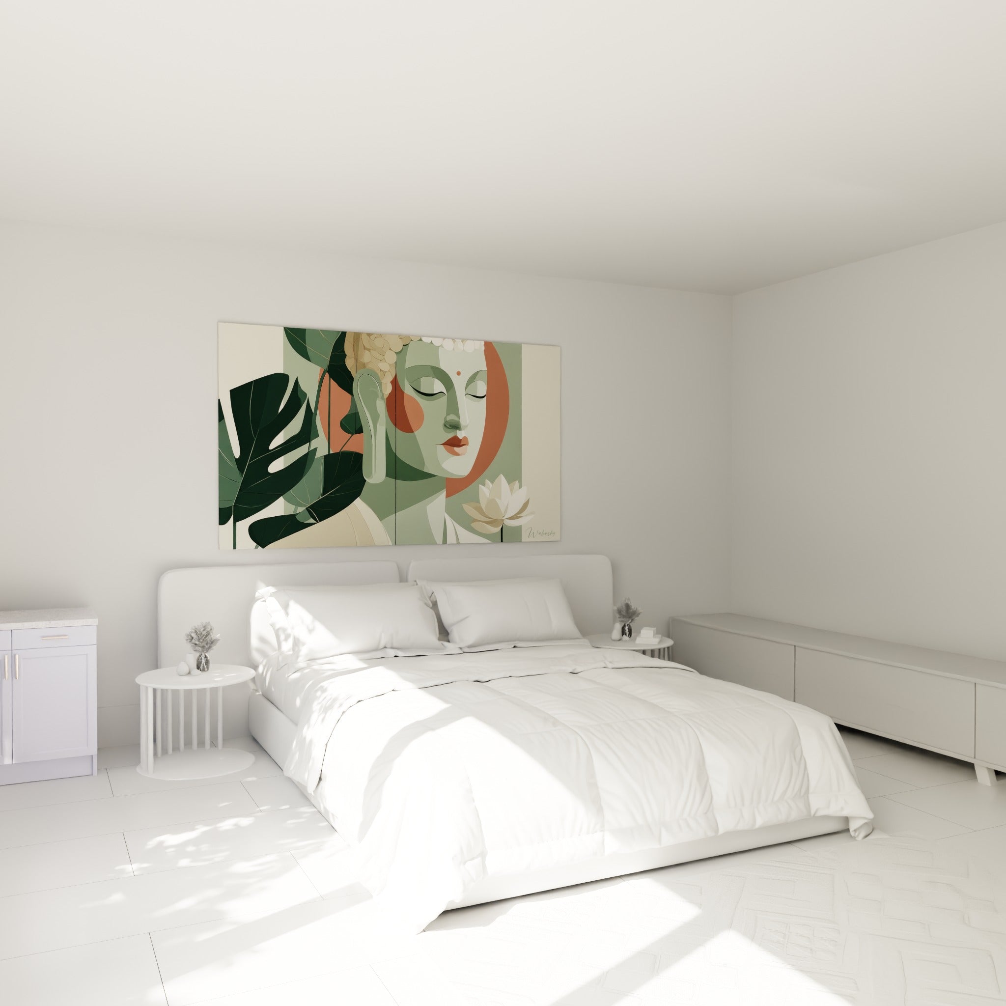 Visage serein d'un Bouddha vert sauge et terracotta, accroché au-dessus d'un lit dans une chambre claire