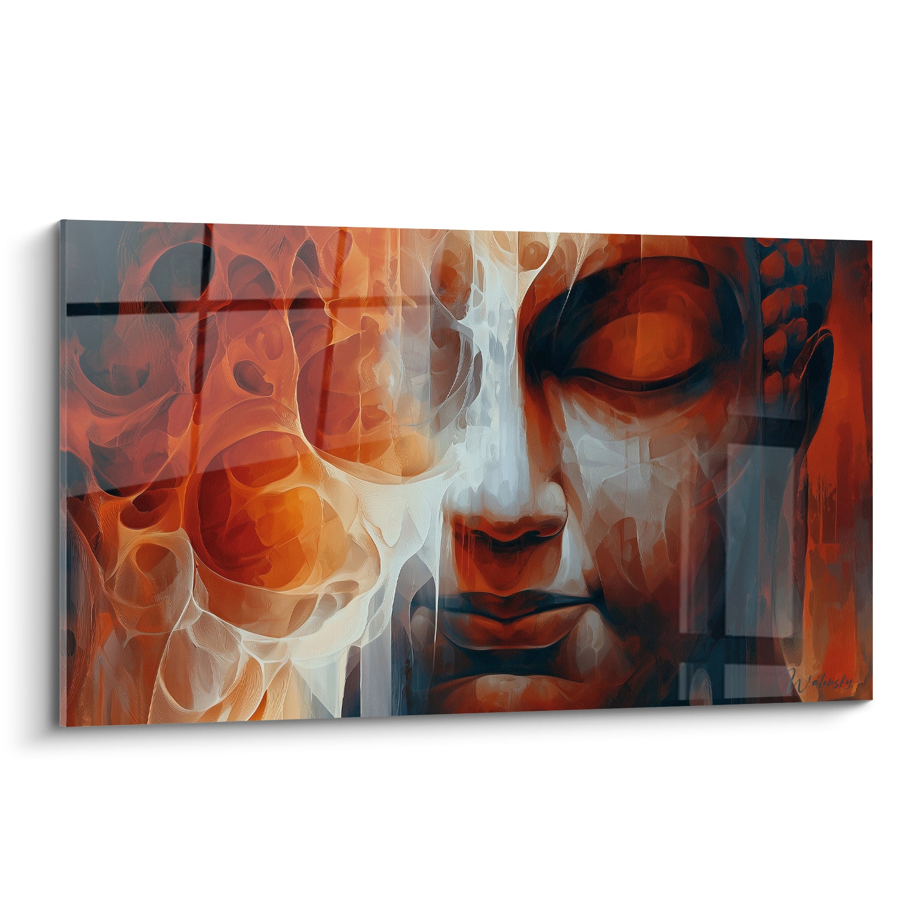 Visage de Bouddha terracotta et anthracite aux yeux clos, motifs organiques fondus en aquarelle