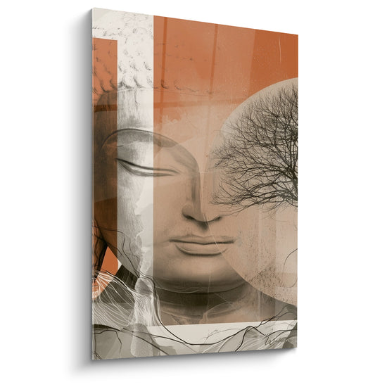 Tableau Visage terracotta et beige à l'arbre décharné - Racines entrelacées au bas - Edition Bouddha