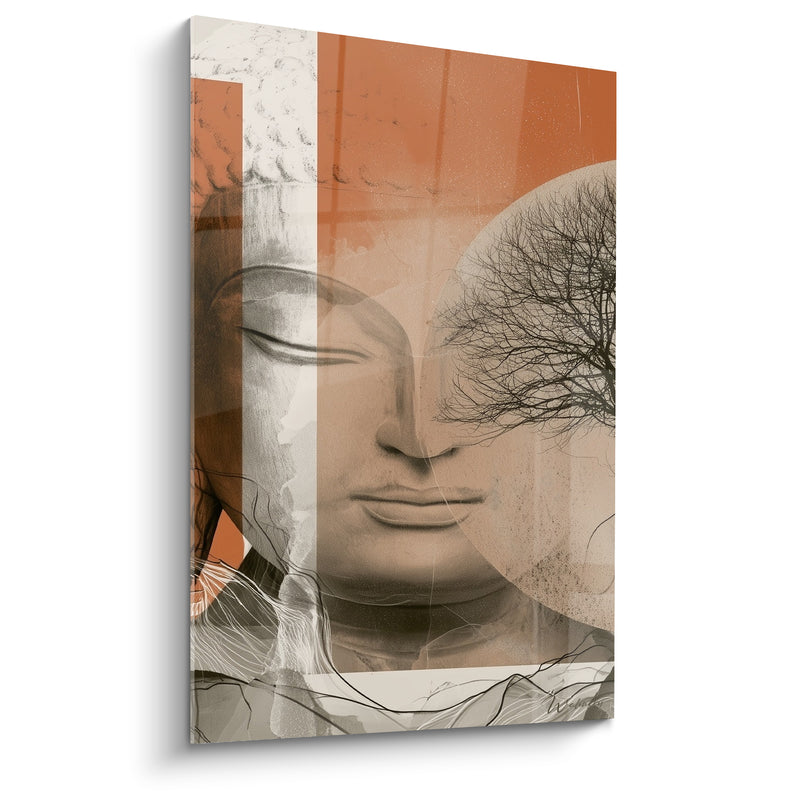 Tableau Visage terracotta et beige à l'arbre décharné - Racines entrelacées au bas - Edition Bouddha