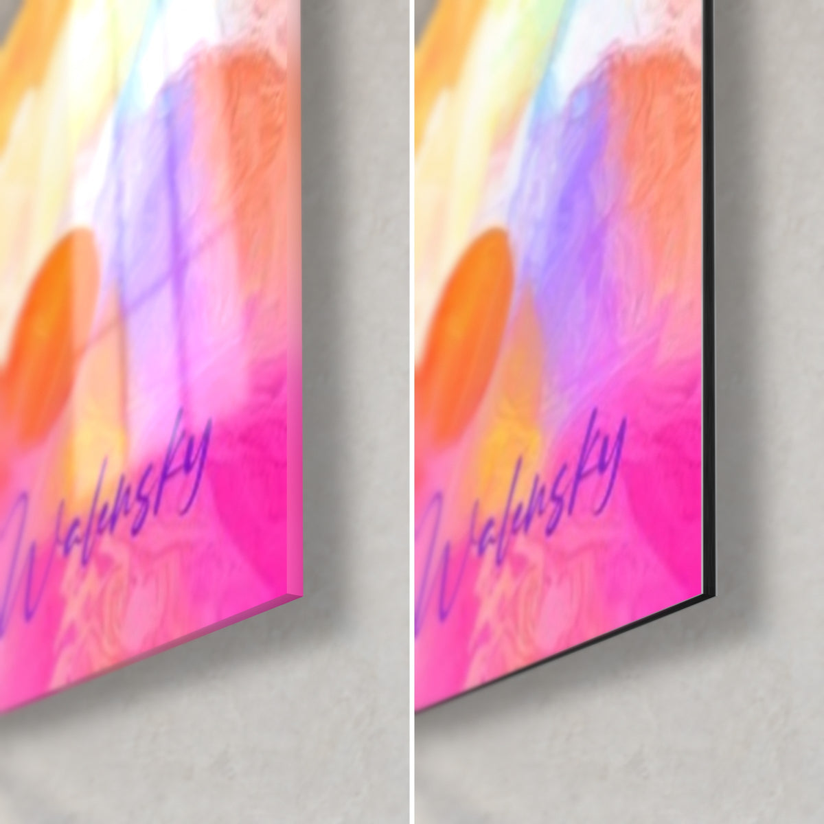 Quadro Buddha in toni magenta e arancio, angolo in basso a destra, firma Walensky, vetro lucido e alluminio Dibond opaco