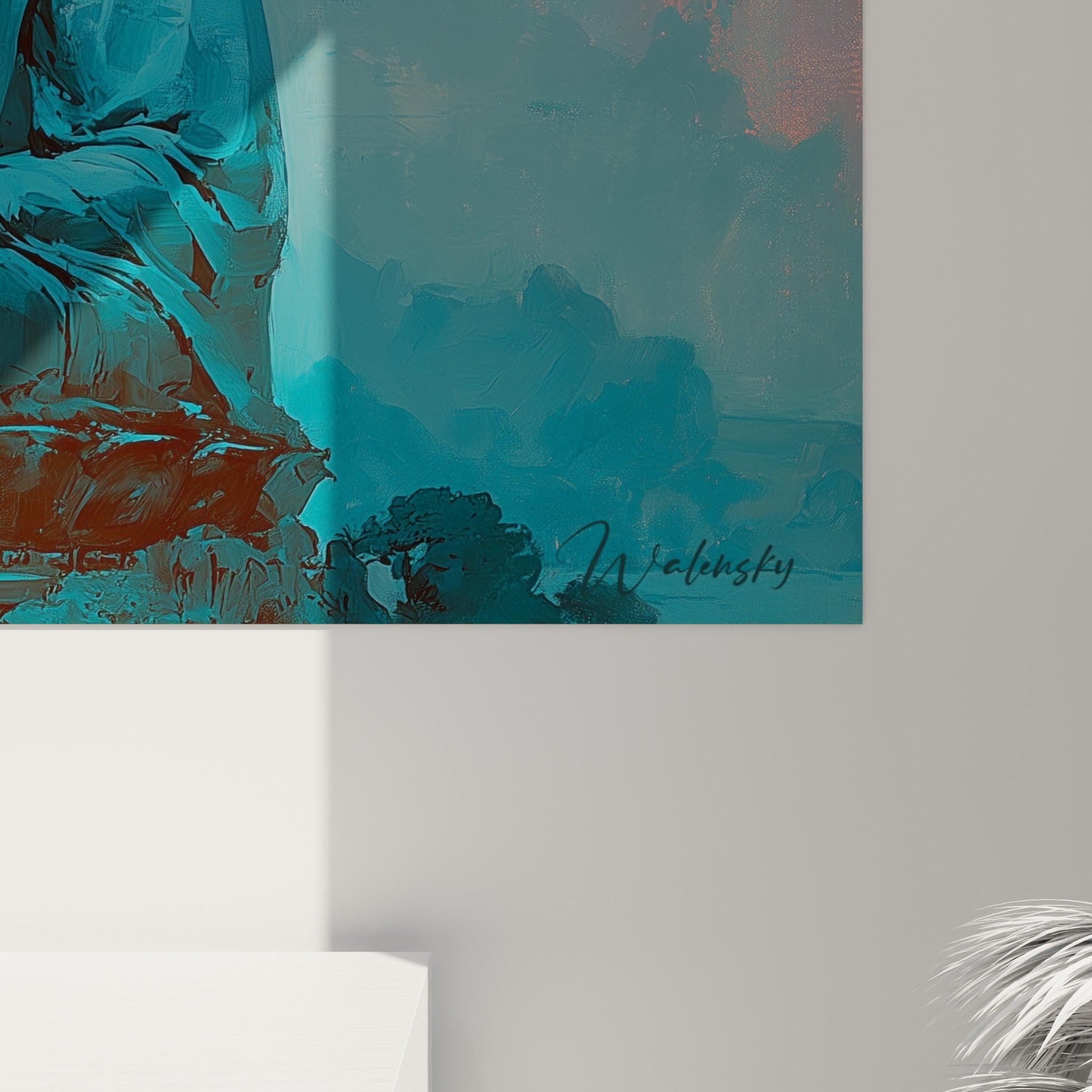 Empâtements bleu pétrole et coulures corail se mêlant sur la toile, grain visible près du visage du Bouddha