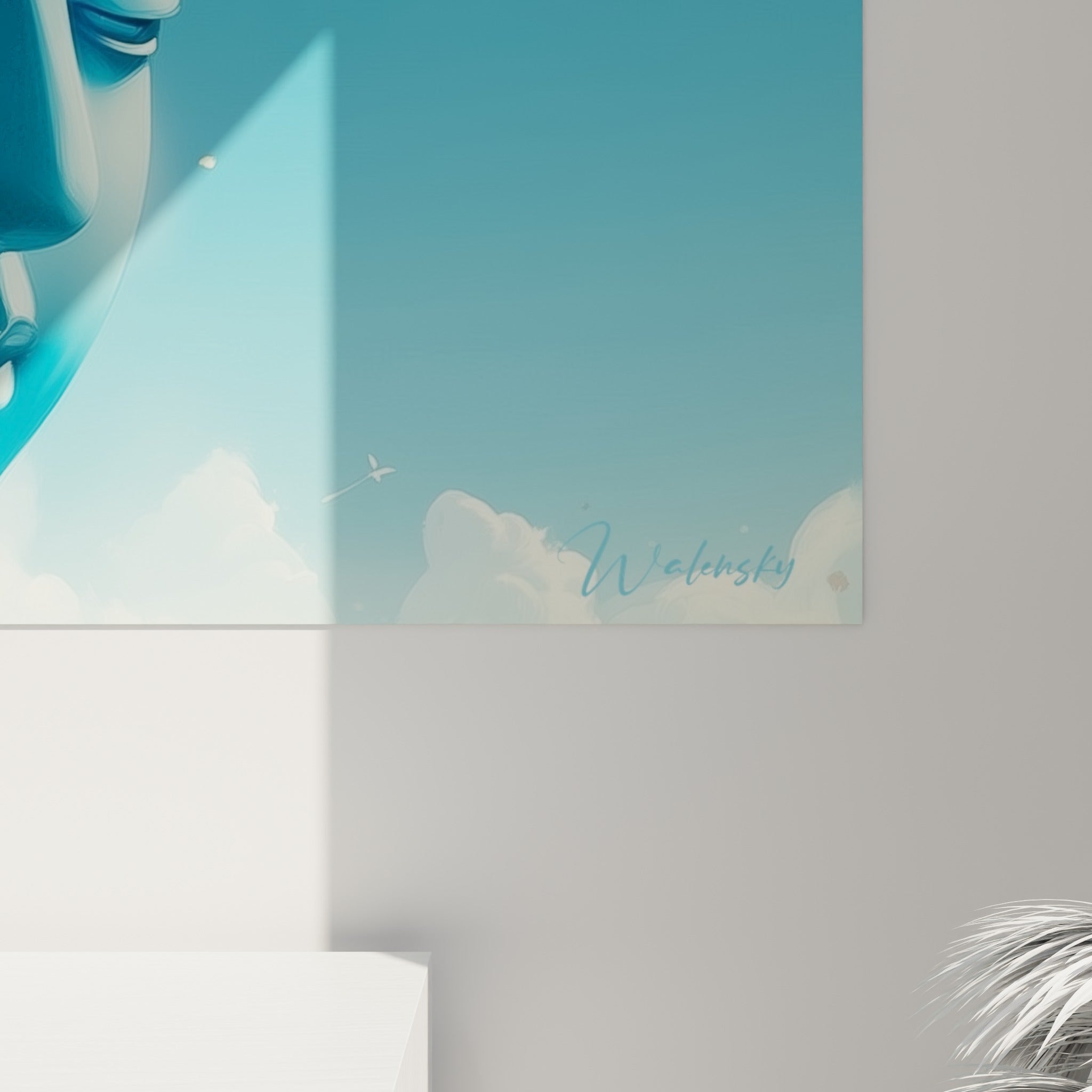 Détails du grain pictural bleu turquoise et des touches orangées éclatées sur le tableau Bouddha accroché