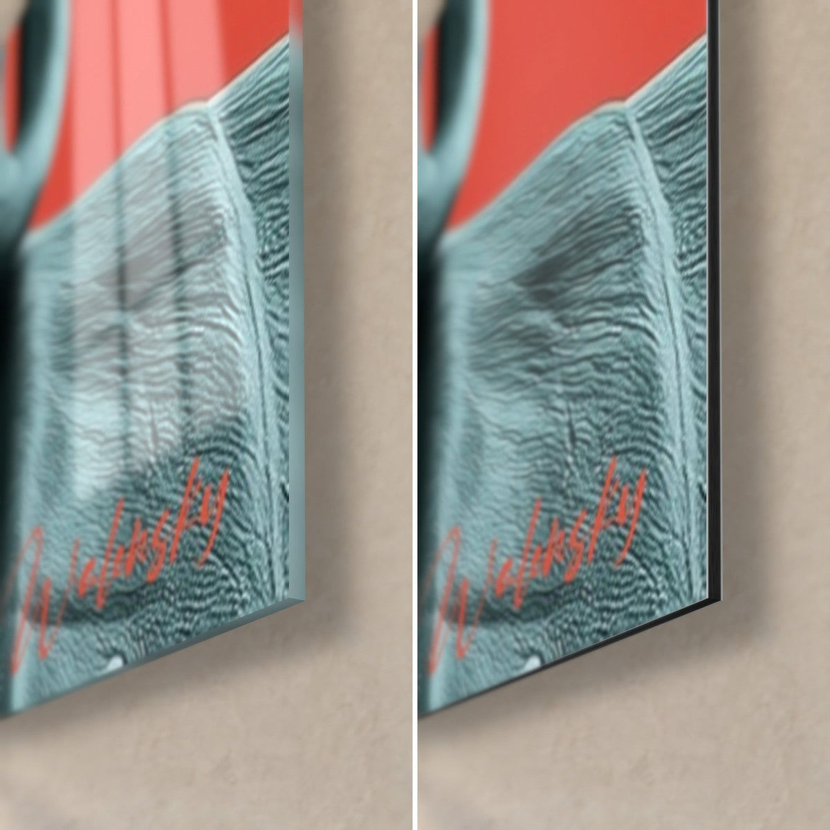 Tableau effigie bouddhique, coin bas droit : verre acrylique brillant et reflets à gauche, alu Dibond mat à droite, bleu et rouge
