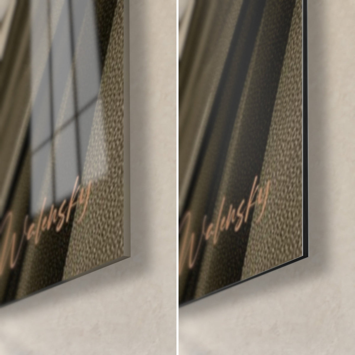 Tableau Bouddha aux lignes graphiques, coin bas droit : verre acrylique brillant à gauche, alu Dibond mat noir à droite