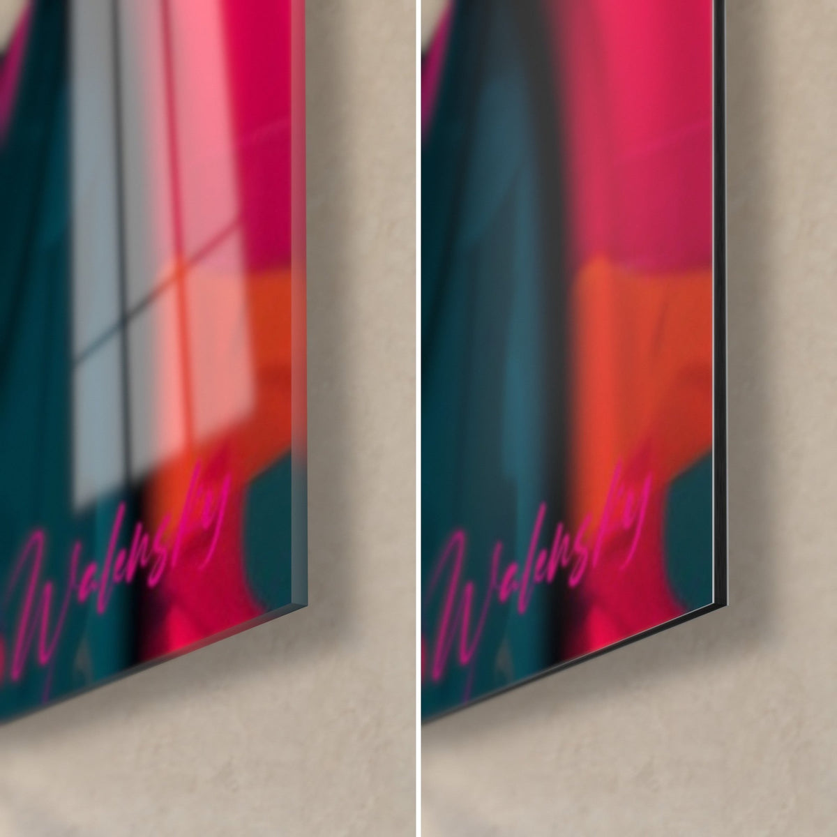 Tableau Bouddha, coin bas droit : signature rose sur fond turquoise et orange, verre brillant à reflets contre Dibond mat