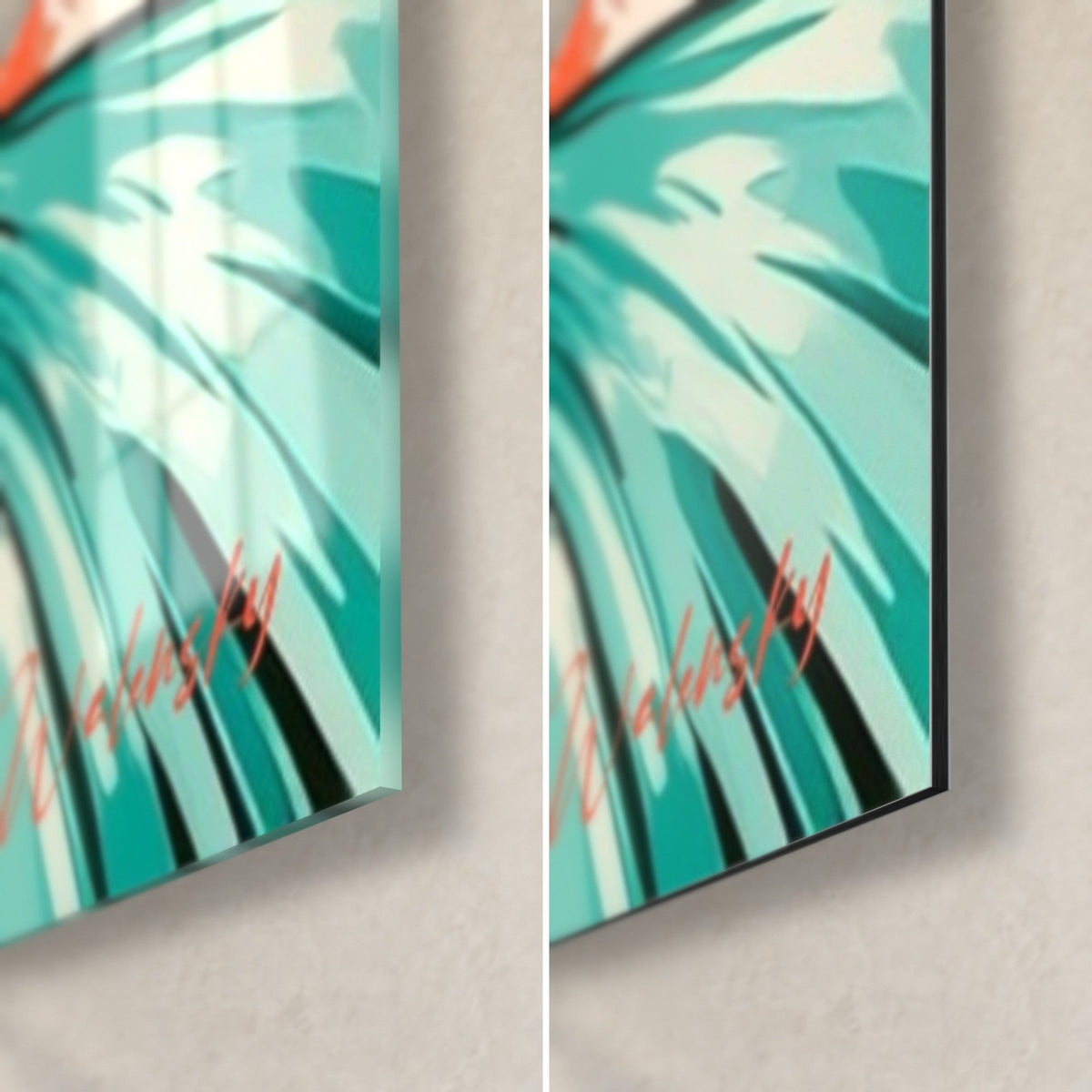 Wall art turquoise Buddha, bottom right corner: glossy acrylic glass on the left, matte black Dibond on the right, 3 mm edge visible
