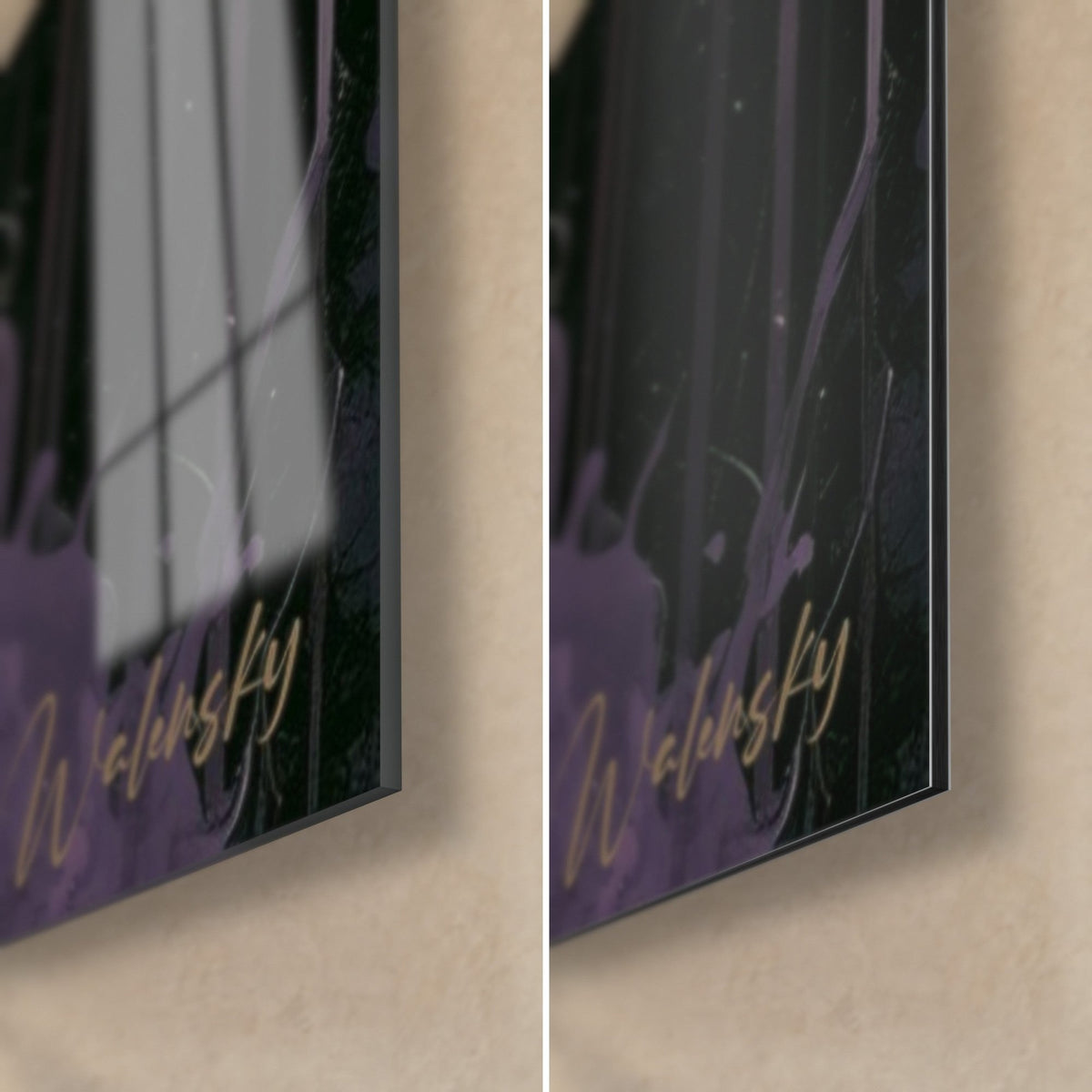 Tableau silhouette de Bouddha noir et violet, signature dorée Walensky, coin bas droit en verre brillant et alu Dibond mat