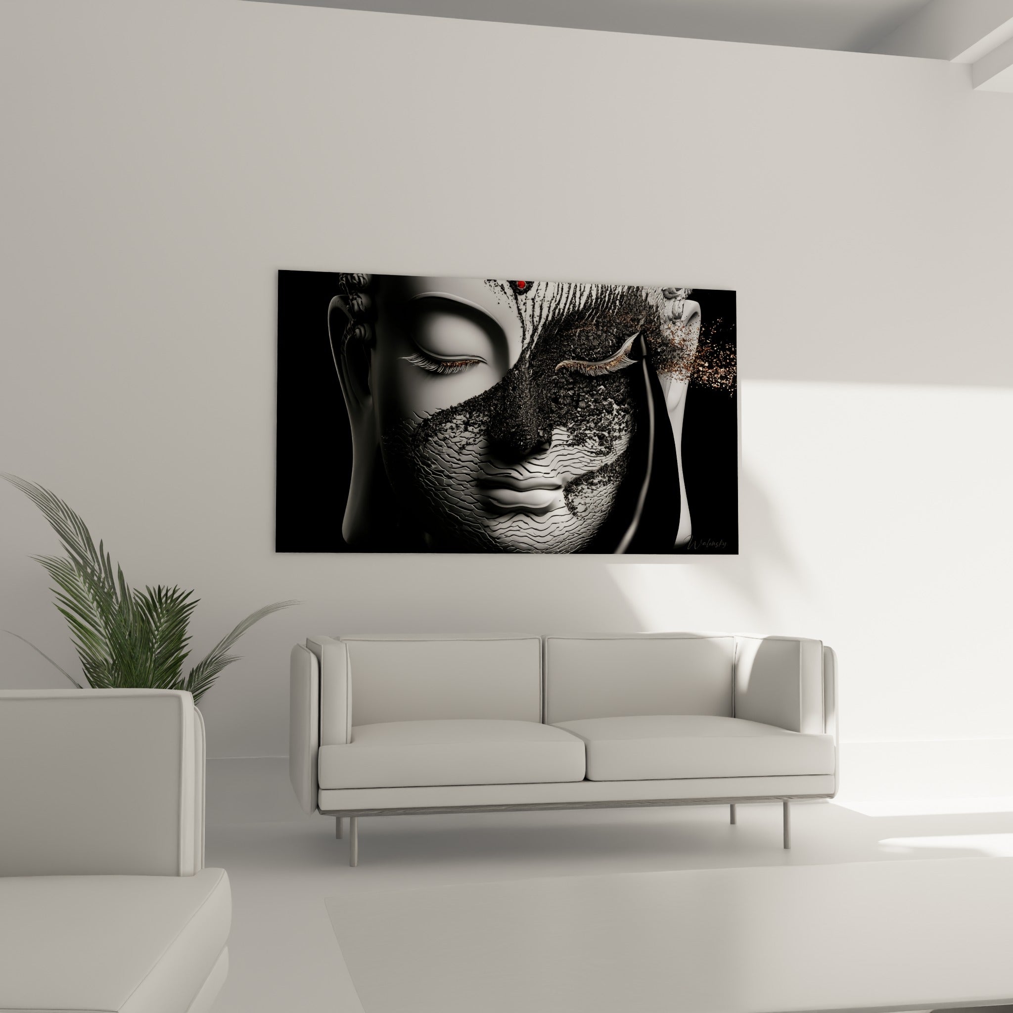 Sérénité du Bouddha gris et noir sculptural, filaments dorés, au-dessus d'un canapé dans un salon lumineux