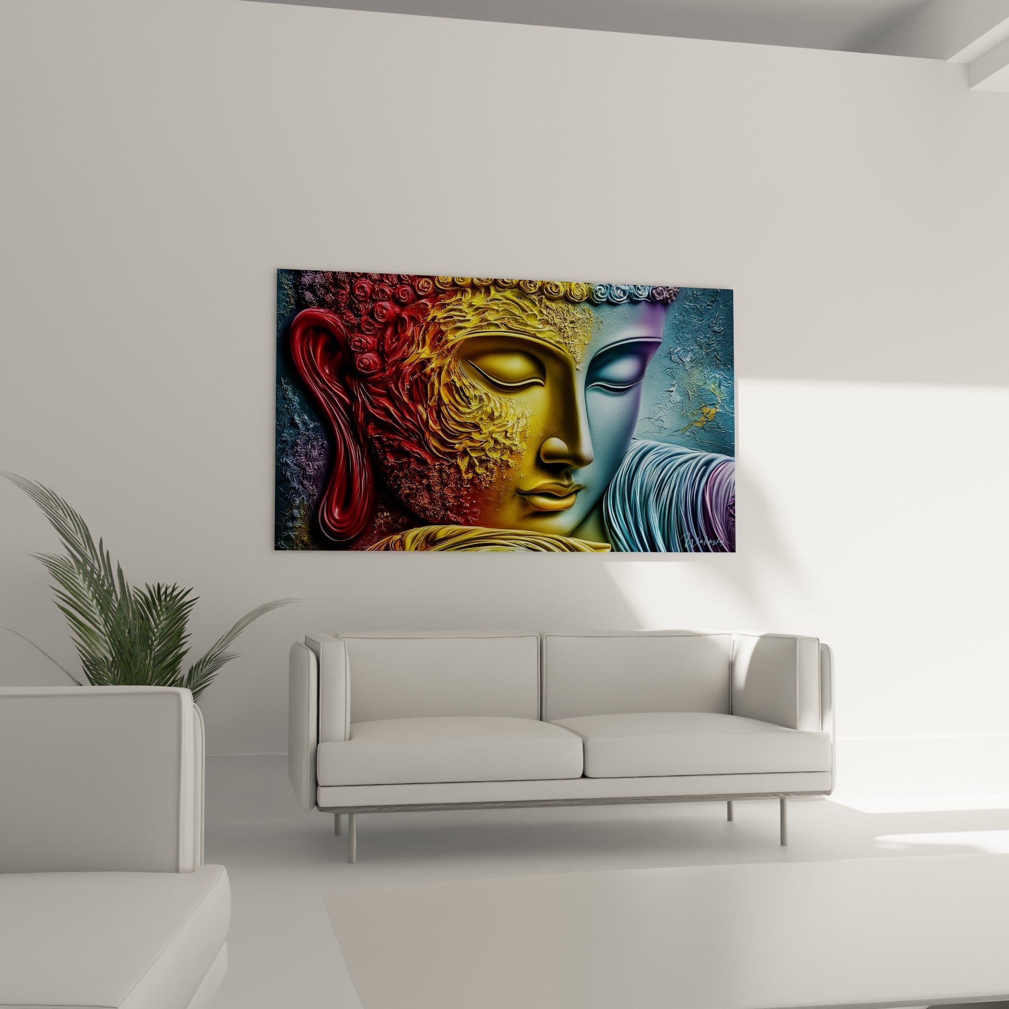 Bouddha aux reliefs dorés et rouge vif, cheveux ondulés bleu-gris, au-dessus d'un canapé dans un salon lumineux
