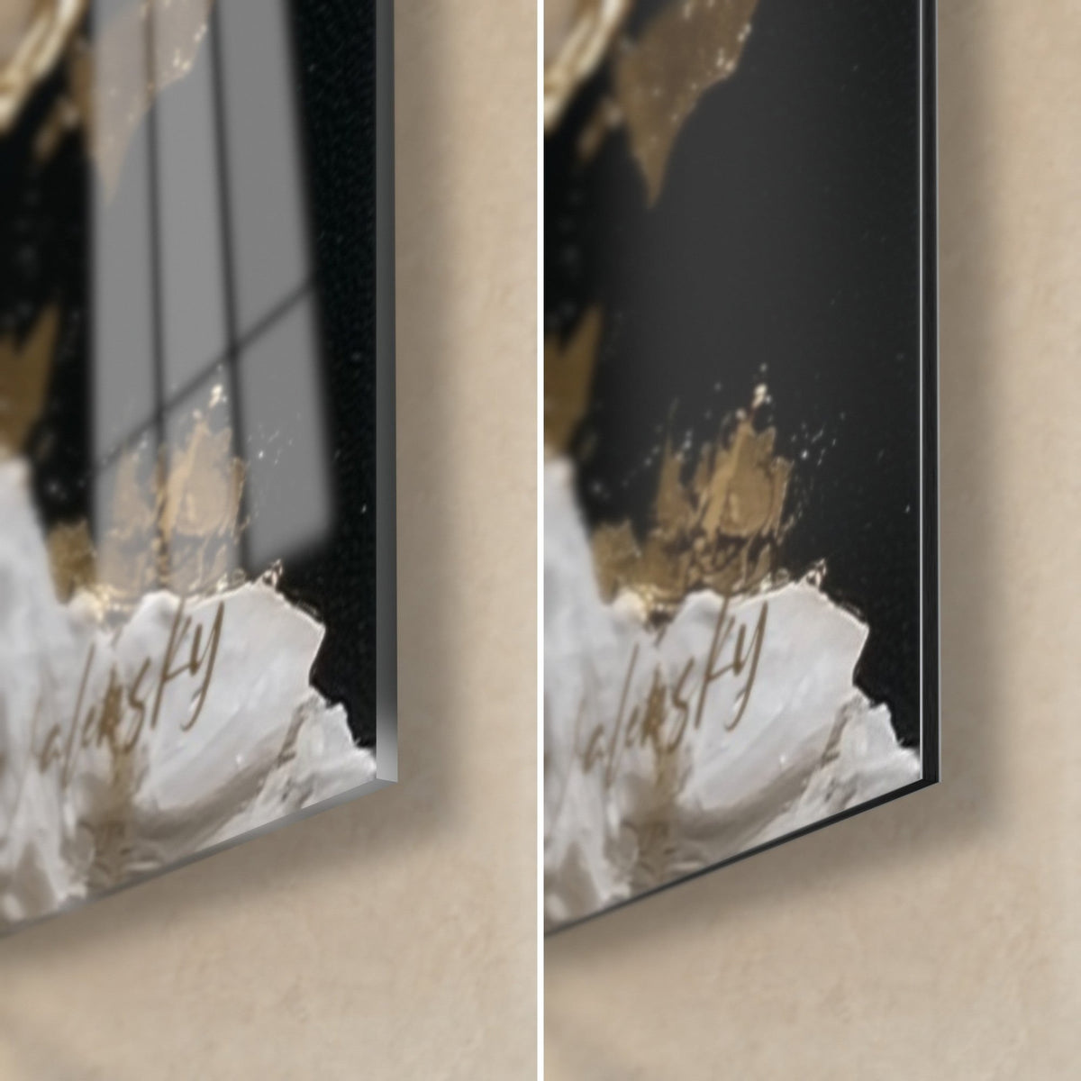 Quadro Buddha dorato con colature bianche, angolo basso destro in vetro lucido e Dibond opaco, firma Walensky, spessore 3 mm