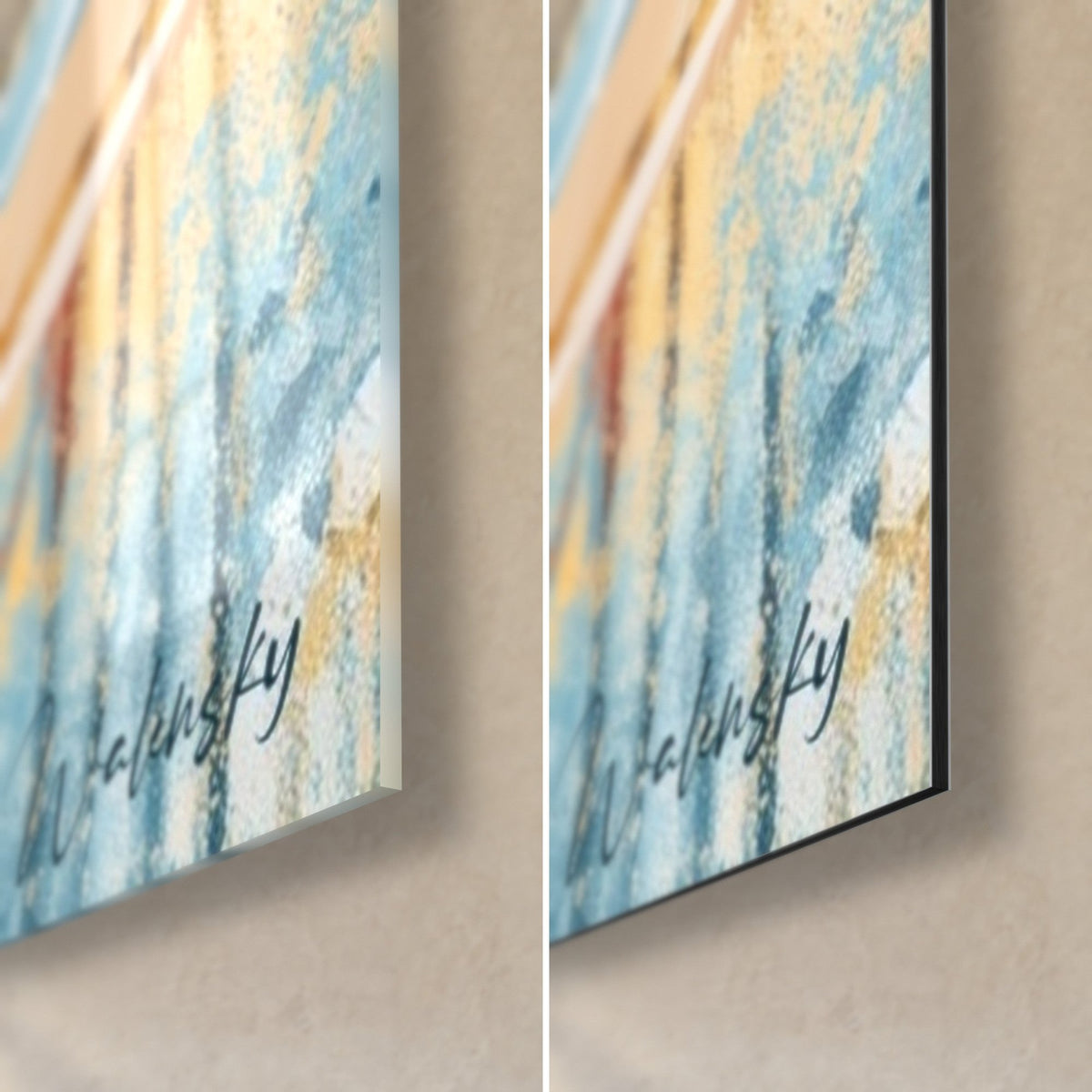 Quadro Buddha con onde blu e ocra, angolo in basso a destra: vetro acrilico lucido a sinistra, Dibond nero opaco a destra, spessore 3 mm