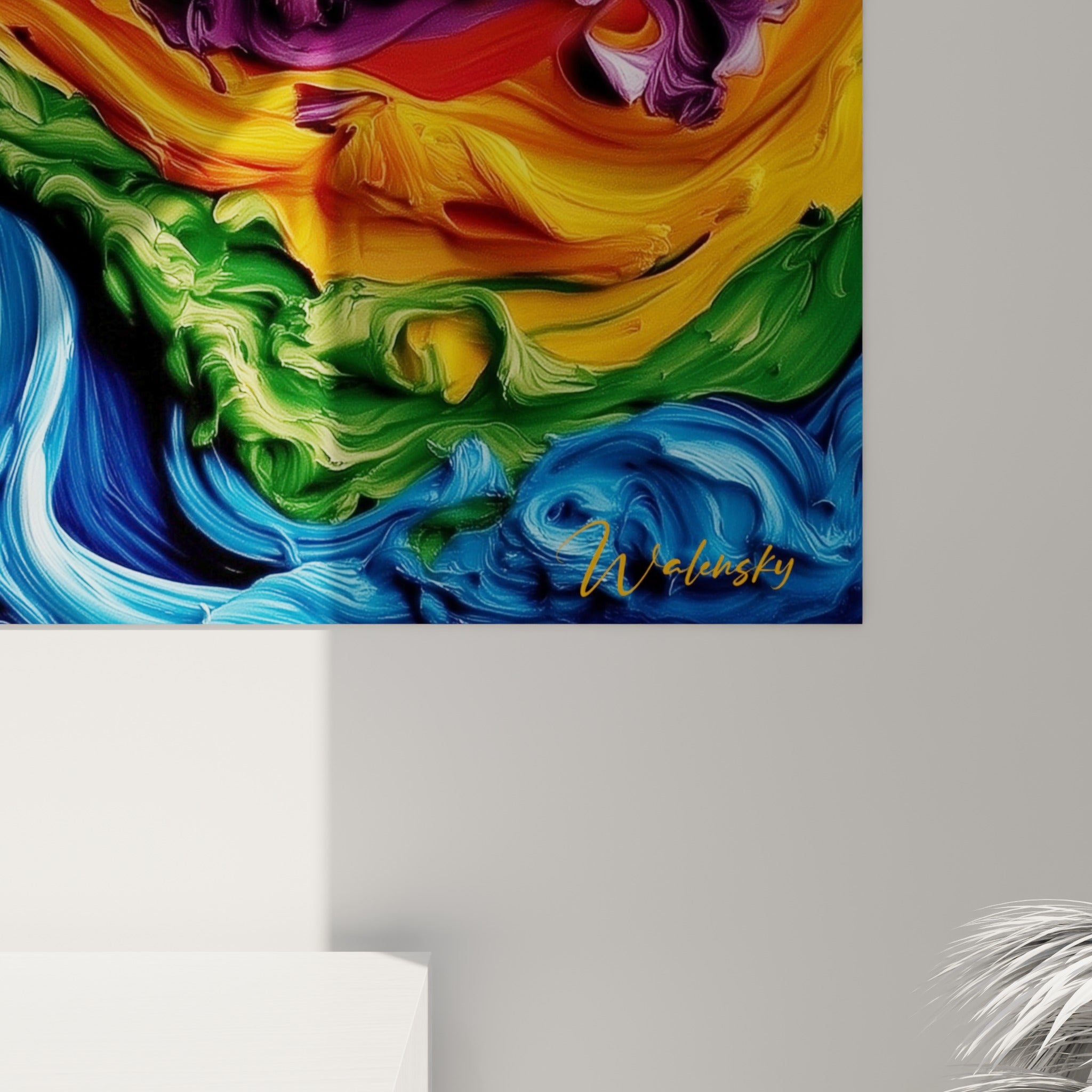 Matière épaisse et empâtée révélant les nuances orange, bleu marine et violet de la toile du Bouddha