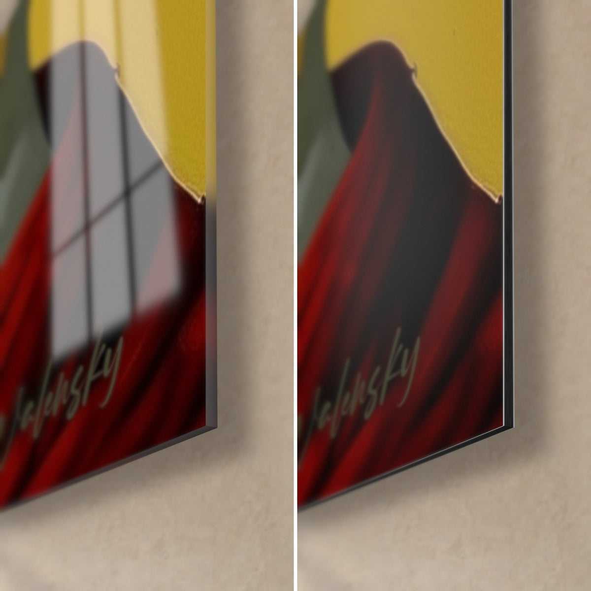 Cuadro rostro dorado y rojo, esquina inferior derecha con canto de 3 mm, cristal acrílico brillante a la izquierda, aluminio Dibond mate a la derecha