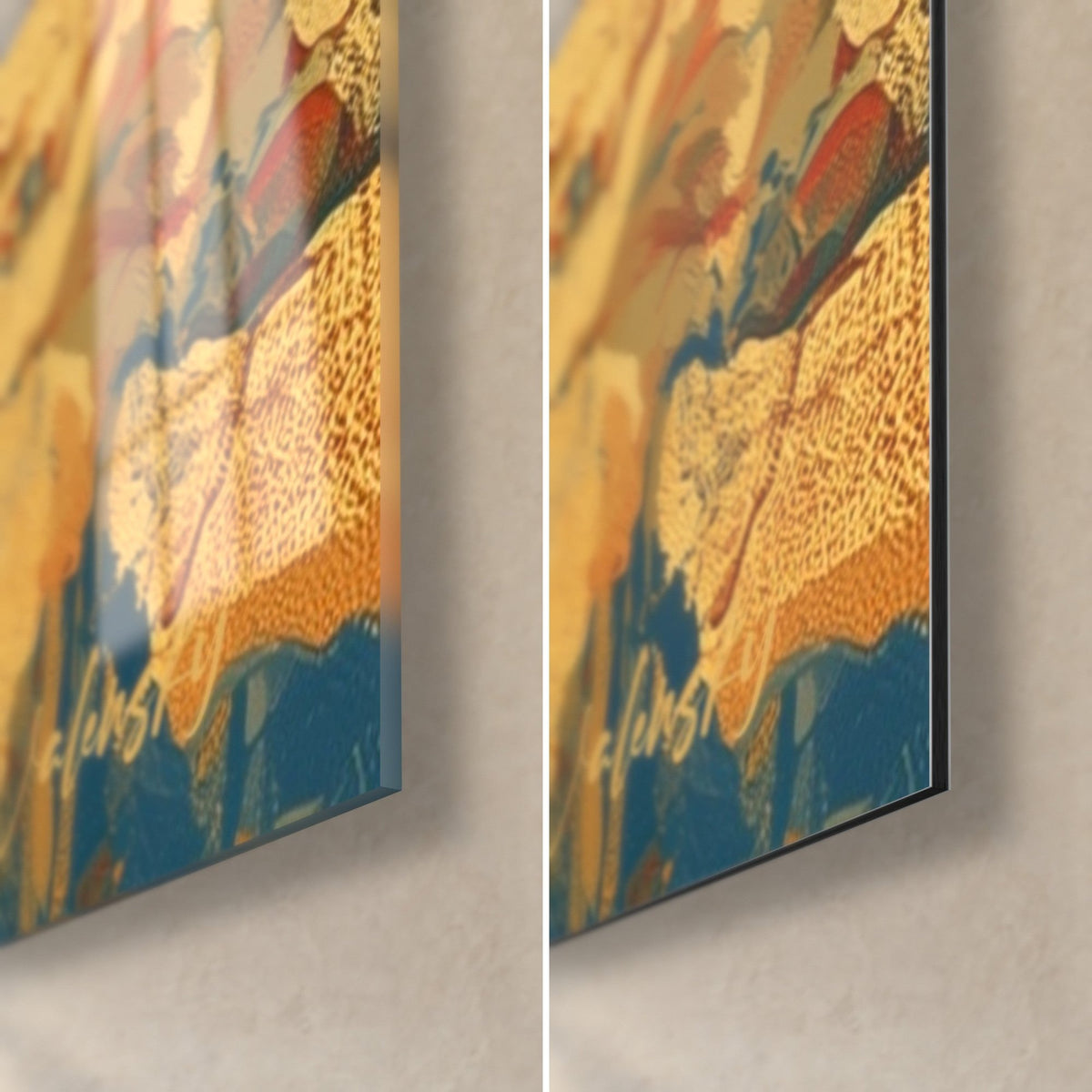 Tableau Bouddha bleu et or, coin bas droit : verre acrylique brillant à gauche, alu Dibond mat à droite, tranche de 3 mm