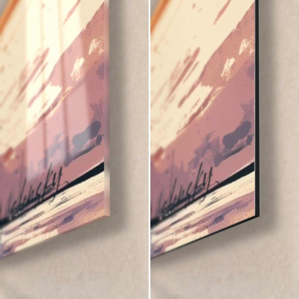 Gemälde Buddha im orangefarbenen Gewand, untere rechte Ecke: glänzendes Acrylglas links, mattschwarzes Dibond-Aluminium rechts, Signatur