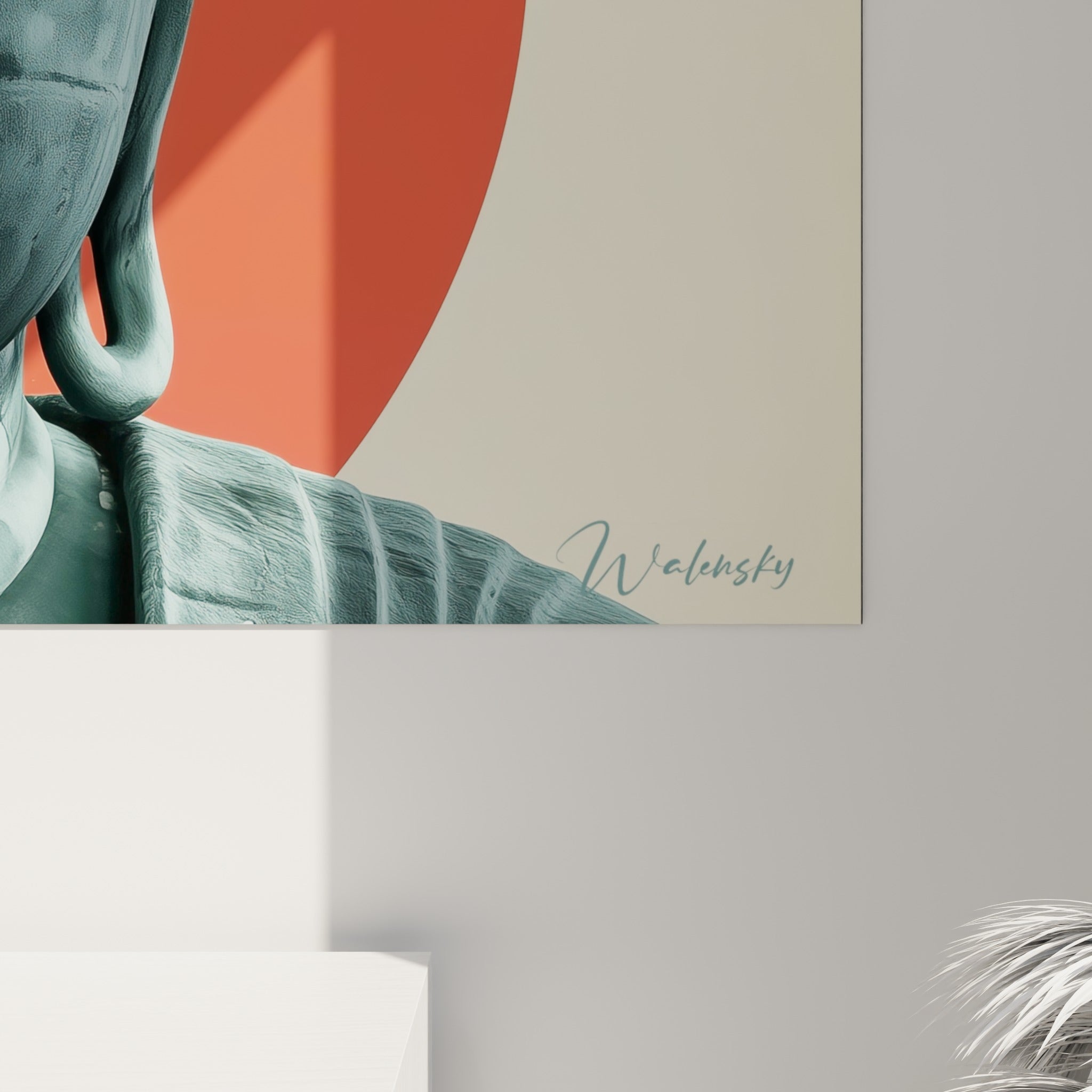 Détail de la matière peinte du Bouddha, coulures bleu pétrole et orange se mêlant sur la toile texturée