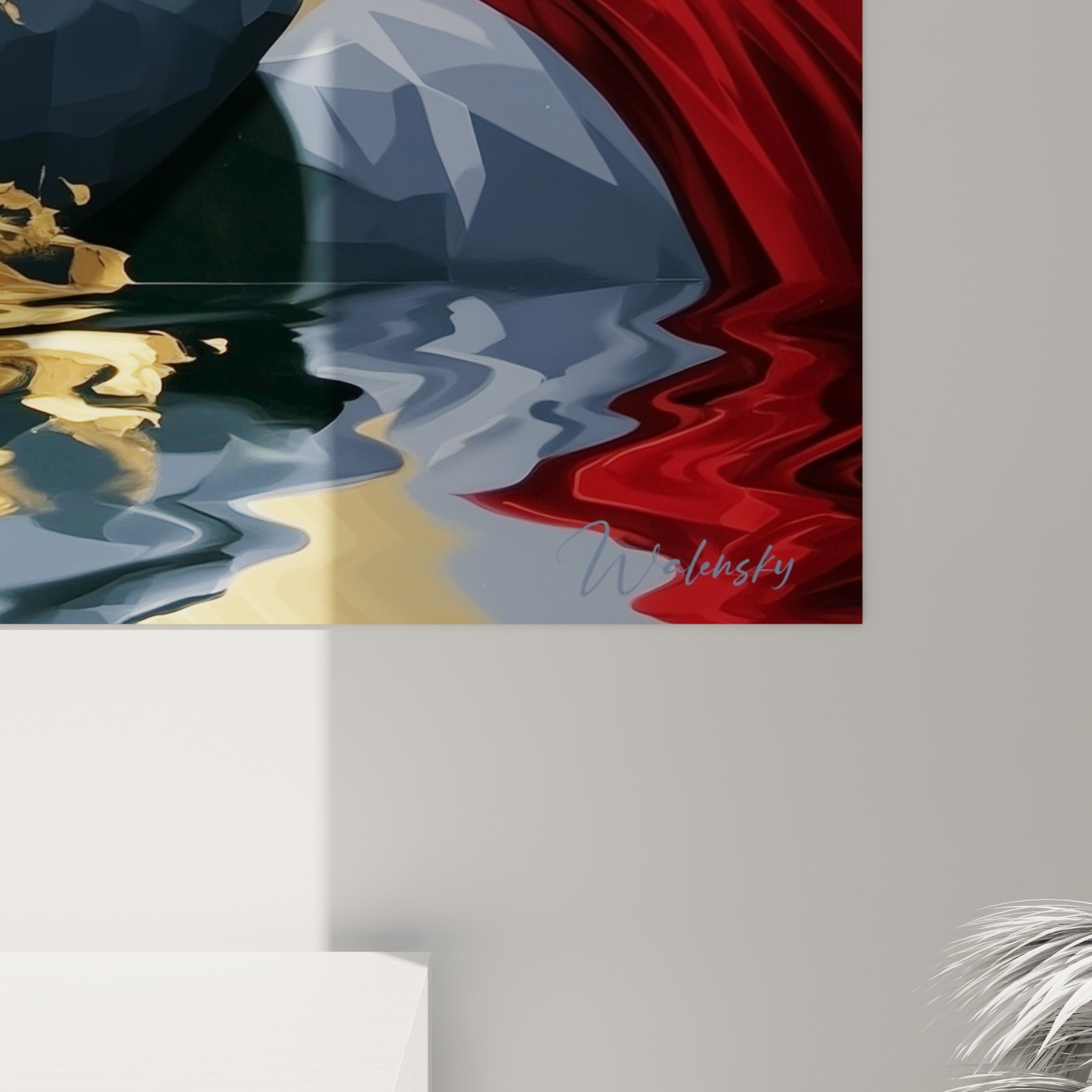 Détail du grain pictural montrant les touches dorées, rouge écarlate et bleu ardoise fusionnées sur la toile