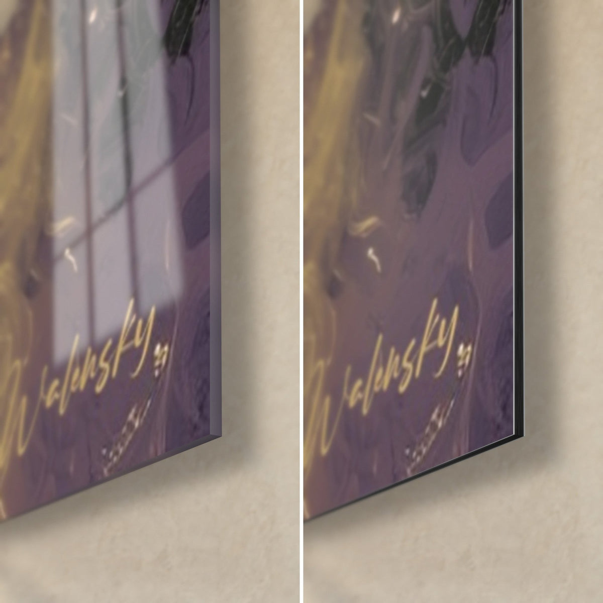 Tableau tête de Bouddha violet sombre, coin bas droit : acrylique brillant reflétant la fenêtre, alu mat, signature dorée Walensky