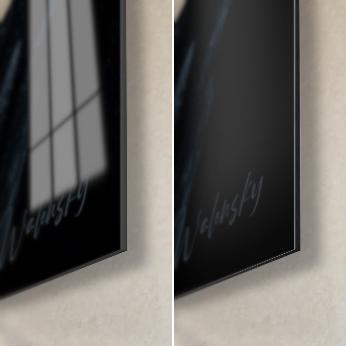 Tableau Bouddha noir et fumée blanche, coin bas droit : verre acrylique brillant à gauche, Dibond mat noir à droite