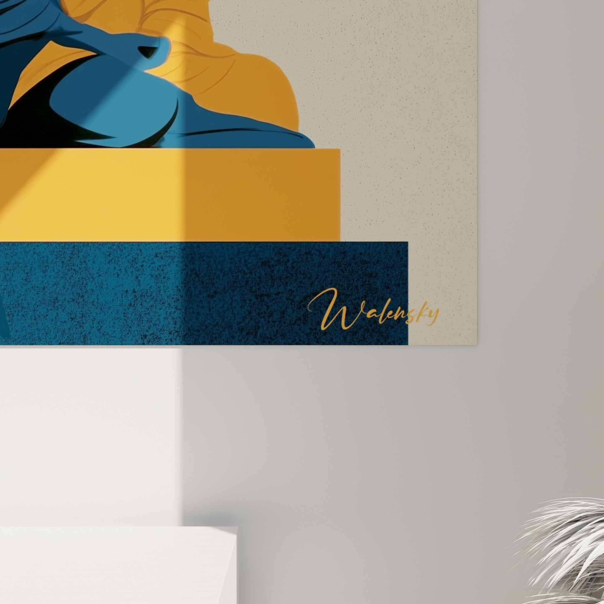 Détail des textures granuleuses orange et bleu marine sur la toile représentant le Bouddha en méditation