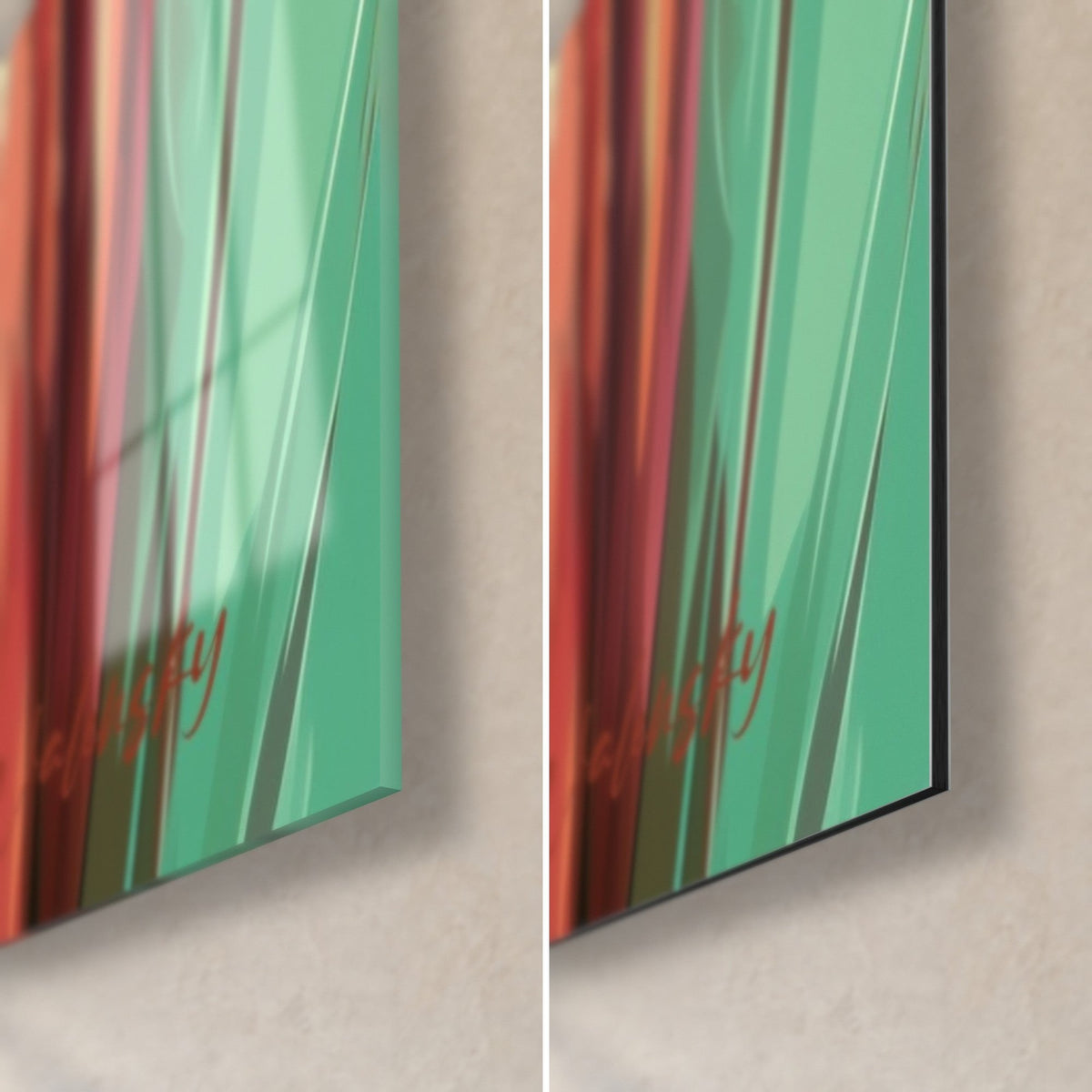 Tableau visage de Bouddha vert jade et cuivre, coin bas droit en verre brillant reflétant la lumière et Dibond noir mat