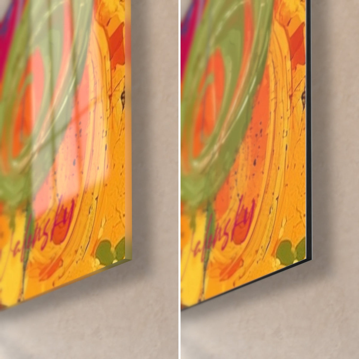 Tableau Bouddha aux volutes orange et vertes, coin bas droit en verre brillant et alu Dibond mat, tranche de 3 mm visible