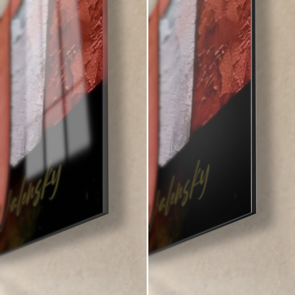 Quadro effigie del Buddha in corallo e antracite, angolo in basso a destra: vetro lucido che riflette la finestra, Dibond opaco, spessore di 3 mm