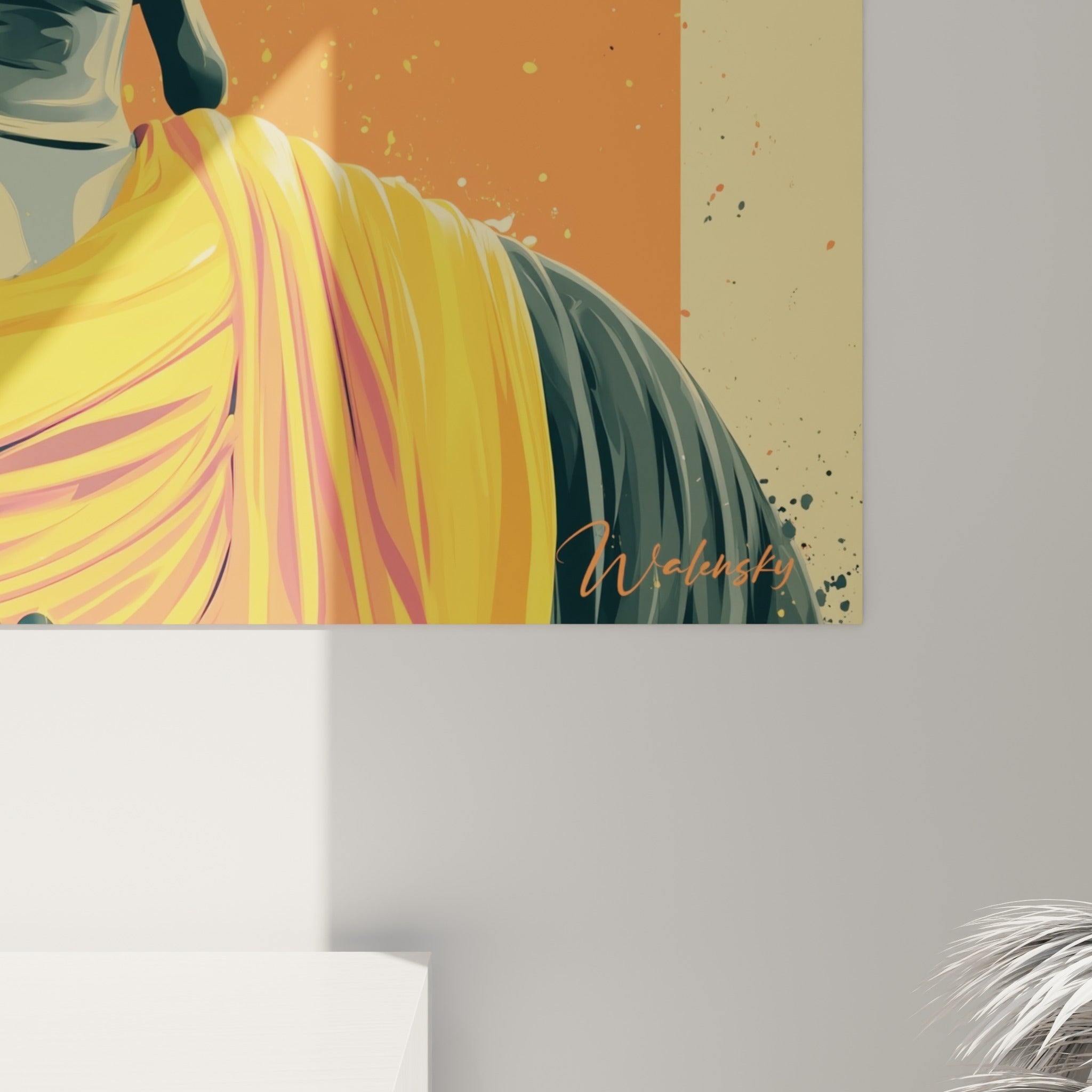 Coulures dorées ruisselant sur la pierre anthracite du Bouddha, grain de peinture visible en gros plan