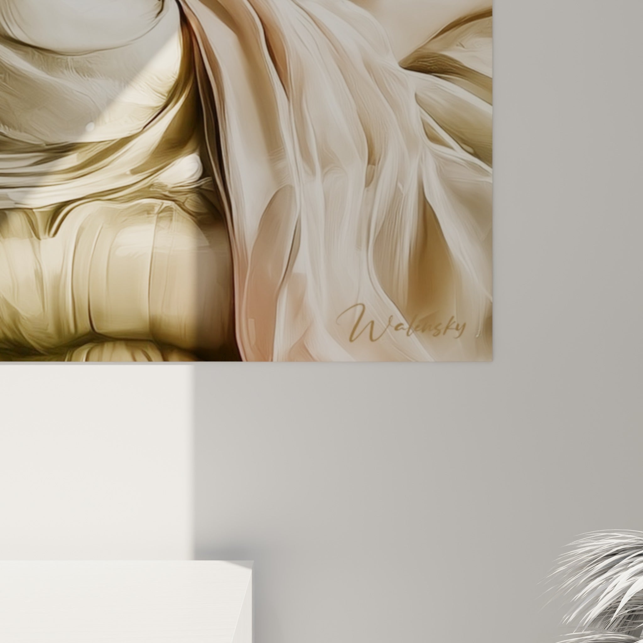 Empâtements visibles sur le drapé rose et doré du Bouddha, coulures et grain de la peinture à l'huile
