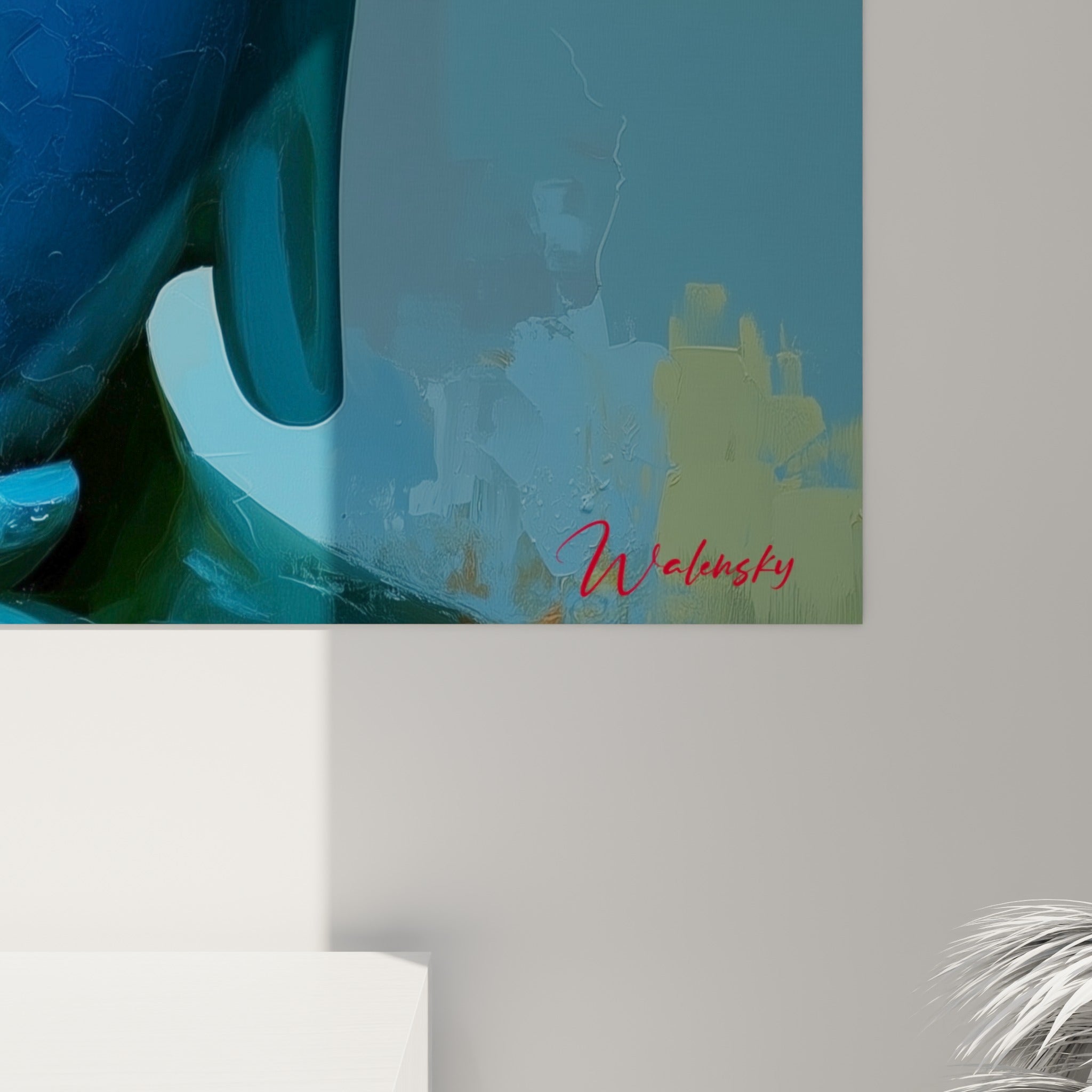 Empâtements bleus et orangés du visage de Bouddha, matière peinte visible en gros plan sur la toile