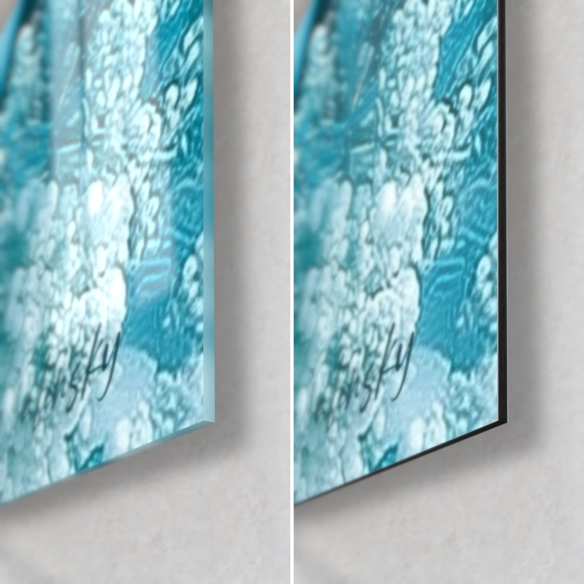 Tableau Bouddha paisible en turquoise et blanc, coin bas droit : verre acrylique brillant à gauche, Dibond mat à droite, tranche de 3 mm