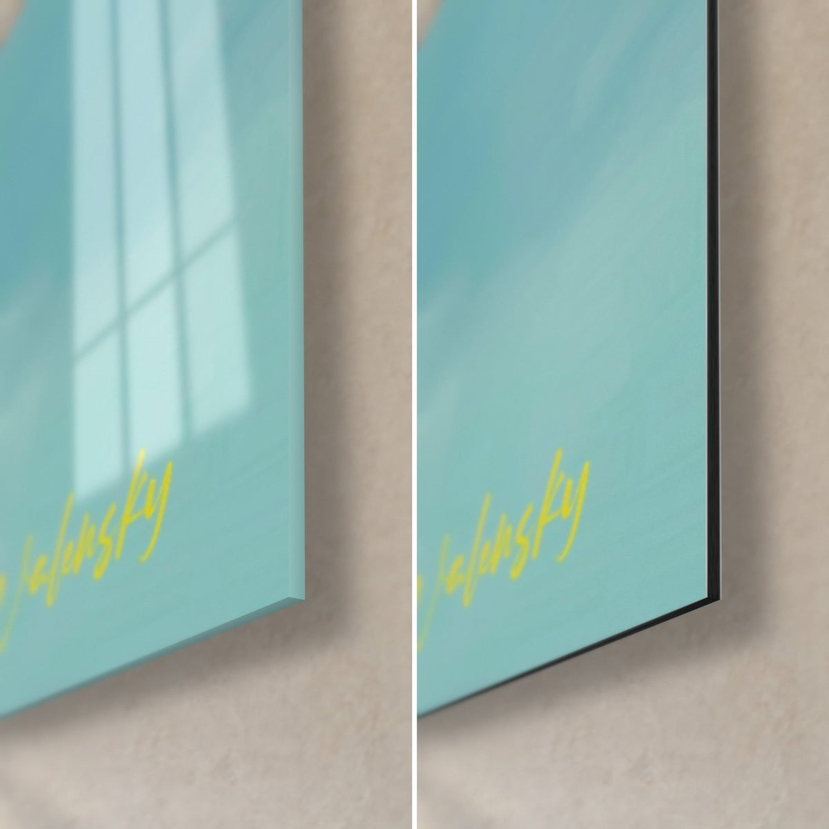 Wall art Buddha with turquoise and pink face, bottom right corner, glossy acrylic glass and matte black Dibond, 3 mm thickness