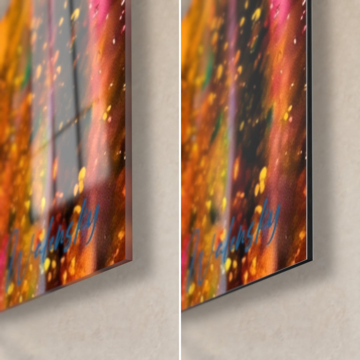 Wall art serene statue, yellow and pink splashes, bottom right corner: glossy acrylic glass on the left, matte Dibond on the right