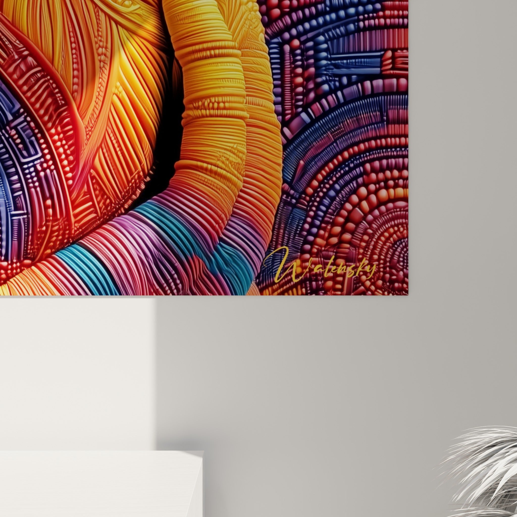 Détail du grain texturé, motifs pixelisés bleu marine et orange se rencontrant sur le visage de Bouddha