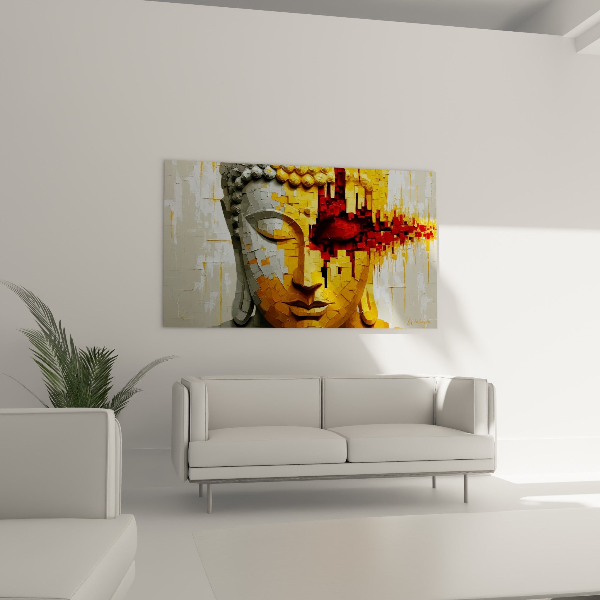Bouddha serein en gris et jaune doré, éclat rouge sur le front, au-dessus d'un canapé dans un salon lumineux