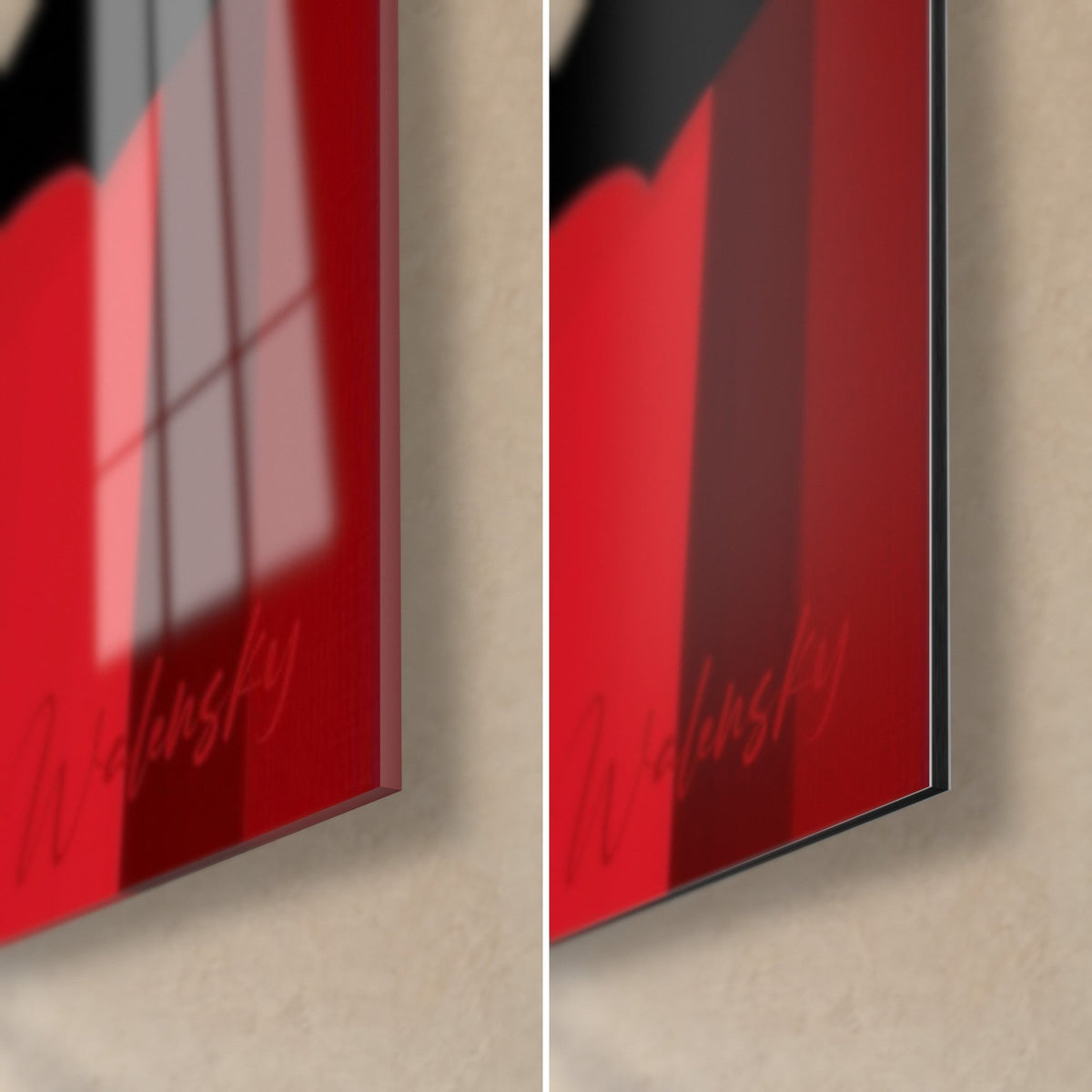 Tableau Bouddha géométrique rouge et noir, coin bas droit : verre acrylique brillant à gauche, alu Dibond mat à droite, tranche de 3 mm