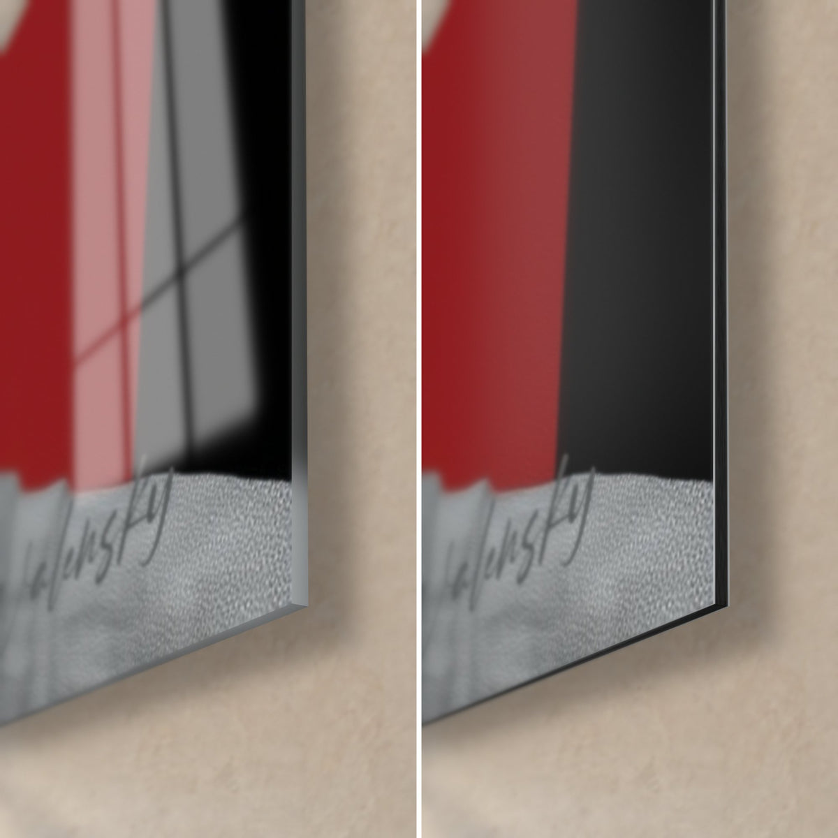 Cuadro con un retrato de Buda, esquina inferior derecha en cristal acrílico brillante con reflejos y aluminio Dibond negro mate, firma plateada en el canto